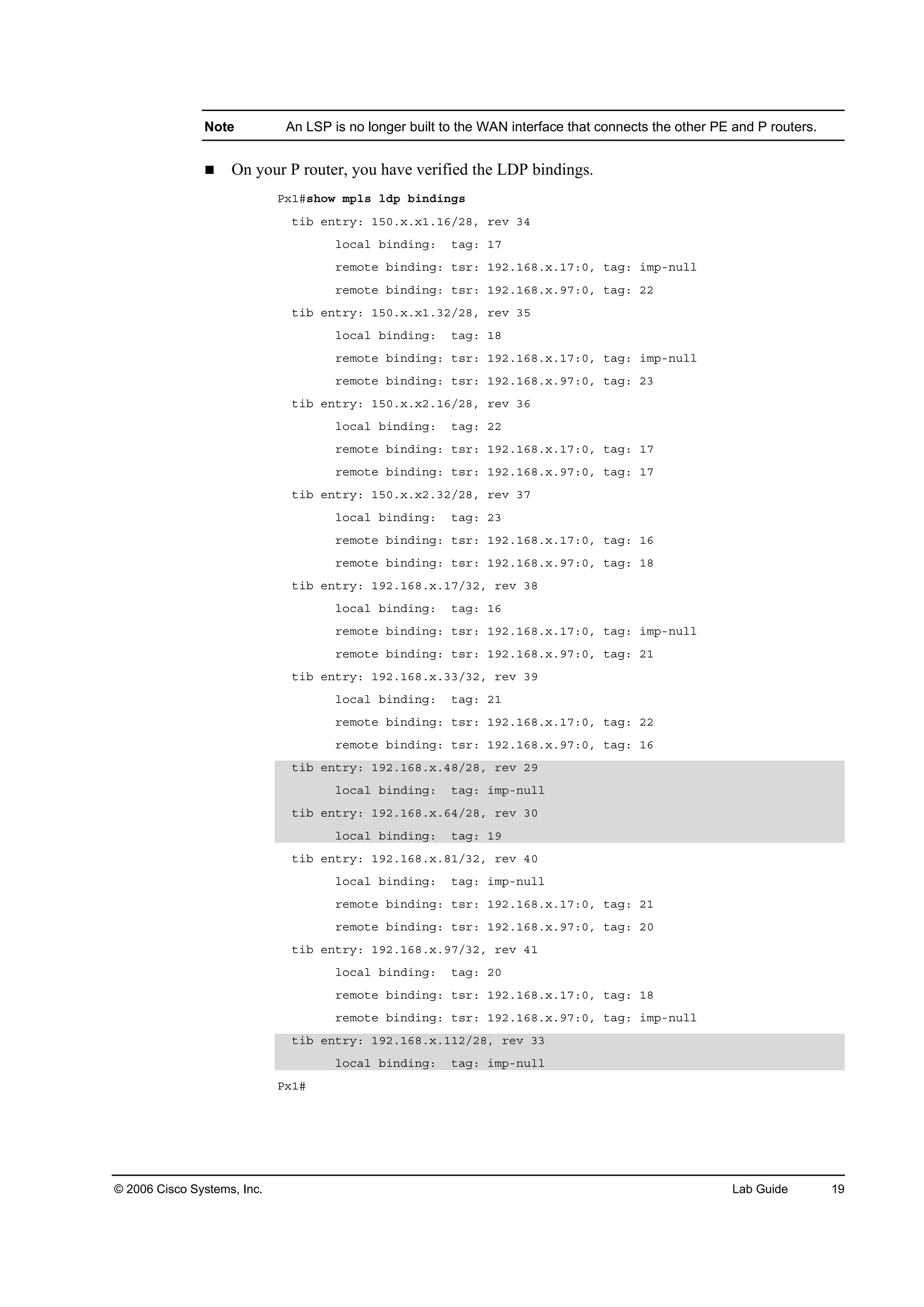 © 2006 Cisco Systems, Inc. Lab Guide 19
Note An LSP is no longer built to the WAN interface that connects the other PE and P routers.
On your P router, you have verified the LDP bindings.
Đ¨ďý­¸±© ł°´­ ´Ľ° ľ·˛Ľ·˛ą­
¬·ľ »˛¬®§ć ďëđň¨ň¨ďňďęńîčô ®»Ş íě
´±˝ż´ ľ·˛Ľ·˛ąć ¬żąć ďé
®»ł±¬» ľ·˛Ľ·˛ąć ¬­®ć ďçîňďęčň¨ňďéćđô ¬żąć ·ł°ó˛«´´
®»ł±¬» ľ·˛Ľ·˛ąć ¬­®ć ďçîňďęčň¨ňçéćđô ¬żąć îî
¬·ľ »˛¬®§ć ďëđň¨ň¨ďňíîńîčô ®»Ş íë
´±˝ż´ ľ·˛Ľ·˛ąć ¬żąć ďč
®»ł±¬» ľ·˛Ľ·˛ąć ¬­®ć ďçîňďęčň¨ňďéćđô ¬żąć ·ł°ó˛«´´
®»ł±¬» ľ·˛Ľ·˛ąć ¬­®ć ďçîňďęčň¨ňçéćđô ¬żąć îí
¬·ľ »˛¬®§ć ďëđň¨ň¨îňďęńîčô ®»Ş íę
´±˝ż´ ľ·˛Ľ·˛ąć ¬żąć îî
®»ł±¬» ľ·˛Ľ·˛ąć ¬­®ć ďçîňďęčň¨ňďéćđô ¬żąć ďé
®»ł±¬» ľ·˛Ľ·˛ąć ¬­®ć ďçîňďęčň¨ňçéćđô ¬żąć ďé
¬·ľ »˛¬®§ć ďëđň¨ň¨îňíîńîčô ®»Ş íé
´±˝ż´ ľ·˛Ľ·˛ąć ¬żąć îí
®»ł±¬» ľ·˛Ľ·˛ąć ¬­®ć ďçîňďęčň¨ňďéćđô ¬żąć ďę
®»ł±¬» ľ·˛Ľ·˛ąć ¬­®ć ďçîňďęčň¨ňçéćđô ¬żąć ďč
¬·ľ »˛¬®§ć ďçîňďęčň¨ňďéńíîô ®»Ş íč
´±˝ż´ ľ·˛Ľ·˛ąć ¬żąć ďę
®»ł±¬» ľ·˛Ľ·˛ąć ¬­®ć ďçîňďęčň¨ňďéćđô ¬żąć ·ł°ó˛«´´
®»ł±¬» ľ·˛Ľ·˛ąć ¬­®ć ďçîňďęčň¨ňçéćđô ¬żąć îď
¬·ľ »˛¬®§ć ďçîňďęčň¨ňííńíîô ®»Ş íç
´±˝ż´ ľ·˛Ľ·˛ąć ¬żąć îď
®»ł±¬» ľ·˛Ľ·˛ąć ¬­®ć ďçîňďęčň¨ňďéćđô ¬żąć îî
®»ł±¬» ľ·˛Ľ·˛ąć ¬­®ć ďçîňďęčň¨ňçéćđô ¬żąć ďę
¬·ľ »˛¬®§ć ďçîňďęčň¨ňěčńîčô ®»Ş îç
´±˝ż´ ľ·˛Ľ·˛ąć ¬żąć ·ł°ó˛«´´
¬·ľ »˛¬®§ć ďçîňďęčň¨ňęěńîčô ®»Ş íđ
´±˝ż´ ľ·˛Ľ·˛ąć ¬żąć ďç
¬·ľ »˛¬®§ć ďçîňďęčň¨ňčďńíîô ®»Ş ěđ
´±˝ż´ ľ·˛Ľ·˛ąć ¬żąć ·ł°ó˛«´´
®»ł±¬» ľ·˛Ľ·˛ąć ¬­®ć ďçîňďęčň¨ňďéćđô ¬żąć îď
®»ł±¬» ľ·˛Ľ·˛ąć ¬­®ć ďçîňďęčň¨ňçéćđô ¬żąć îđ
¬·ľ »˛¬®§ć ďçîňďęčň¨ňçéńíîô ®»Ş ěď
´±˝ż´ ľ·˛Ľ·˛ąć ¬żąć îđ
®»ł±¬» ľ·˛Ľ·˛ąć ¬­®ć ďçîňďęčň¨ňďéćđô ¬żąć ďč
®»ł±¬» ľ·˛Ľ·˛ąć ¬­®ć ďçîňďęčň¨ňçéćđô ¬żąć ·ł°ó˛«´´
¬·ľ »˛¬®§ć ďçîňďęčň¨ňďďîńîčô ®»Ş íí
´±˝ż´ ľ·˛Ľ·˛ąć ¬żąć ·ł°ó˛«´´
Đ¨ďý
 
