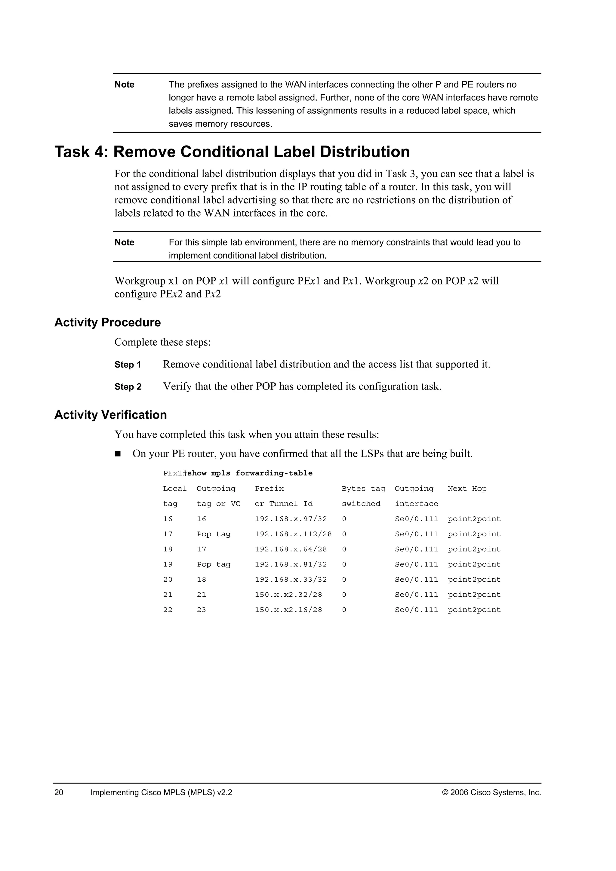 20 Implementing Cisco MPLS (MPLS) v2.2 © 2006 Cisco Systems, Inc.
Note The prefixes assigned to the WAN interfaces connecting the other P and PE routers no
longer have a remote label assigned. Further, none of the core WAN interfaces have remote
labels assigned. This lessening of assignments results in a reduced label space, which
saves memory resources.
Task 4: Remove Conditional Label Distribution
For the conditional label distribution displays that you did in Task 3, you can see that a label is
not assigned to every prefix that is in the IP routing table of a router. In this task, you will
remove conditional label advertising so that there are no restrictions on the distribution of
labels related to the WAN interfaces in the core.
Note For this simple lab environment, there are no memory constraints that would lead you to
implement conditional label distribution.
Workgroup x1 on POP x1 will configure PEx1 and Px1. Workgroup x2 on POP x2 will
configure PEx2 and Px2
Activity Procedure
Complete these steps:
Step 1 Remove conditional label distribution and the access list that supported it.
Step 2 Verify that the other POP has completed its configuration task.
Activity Verification
You have completed this task when you attain these results:
On your PE router, you have confirmed that all the LSPs that are being built.
ĐŰ¨ďý­¸±© ł°´­ ş±®©ż®Ľ·˛ąó¬żľ´»
Ô±˝ż´ Ń«¬ą±·˛ą Đ®»ş·¨ Ţ§¬»­ ¬żą Ń«¬ą±·˛ą Ň»¨¬ Ř±°
¬żą ¬żą ±® ĘÝ ±® Ě«˛˛»´ ×Ľ ­©·¬˝¸»Ľ ·˛¬»®şż˝»
ďę ďę ďçîňďęčň¨ňçéńíî đ Í»đńđňďďď °±·˛¬î°±·˛¬
ďé Đ±° ¬żą ďçîňďęčň¨ňďďîńîč đ Í»đńđňďďď °±·˛¬î°±·˛¬
ďč ďé ďçîňďęčň¨ňęěńîč đ Í»đńđňďďď °±·˛¬î°±·˛¬
ďç Đ±° ¬żą ďçîňďęčň¨ňčďńíî đ Í»đńđňďďď °±·˛¬î°±·˛¬
îđ ďč ďçîňďęčň¨ňííńíî đ Í»đńđňďďď °±·˛¬î°±·˛¬
îď îď ďëđň¨ň¨îňíîńîč đ Í»đńđňďďď °±·˛¬î°±·˛¬
îî îí ďëđň¨ň¨îňďęńîč đ Í»đńđňďďď °±·˛¬î°±·˛¬
 
