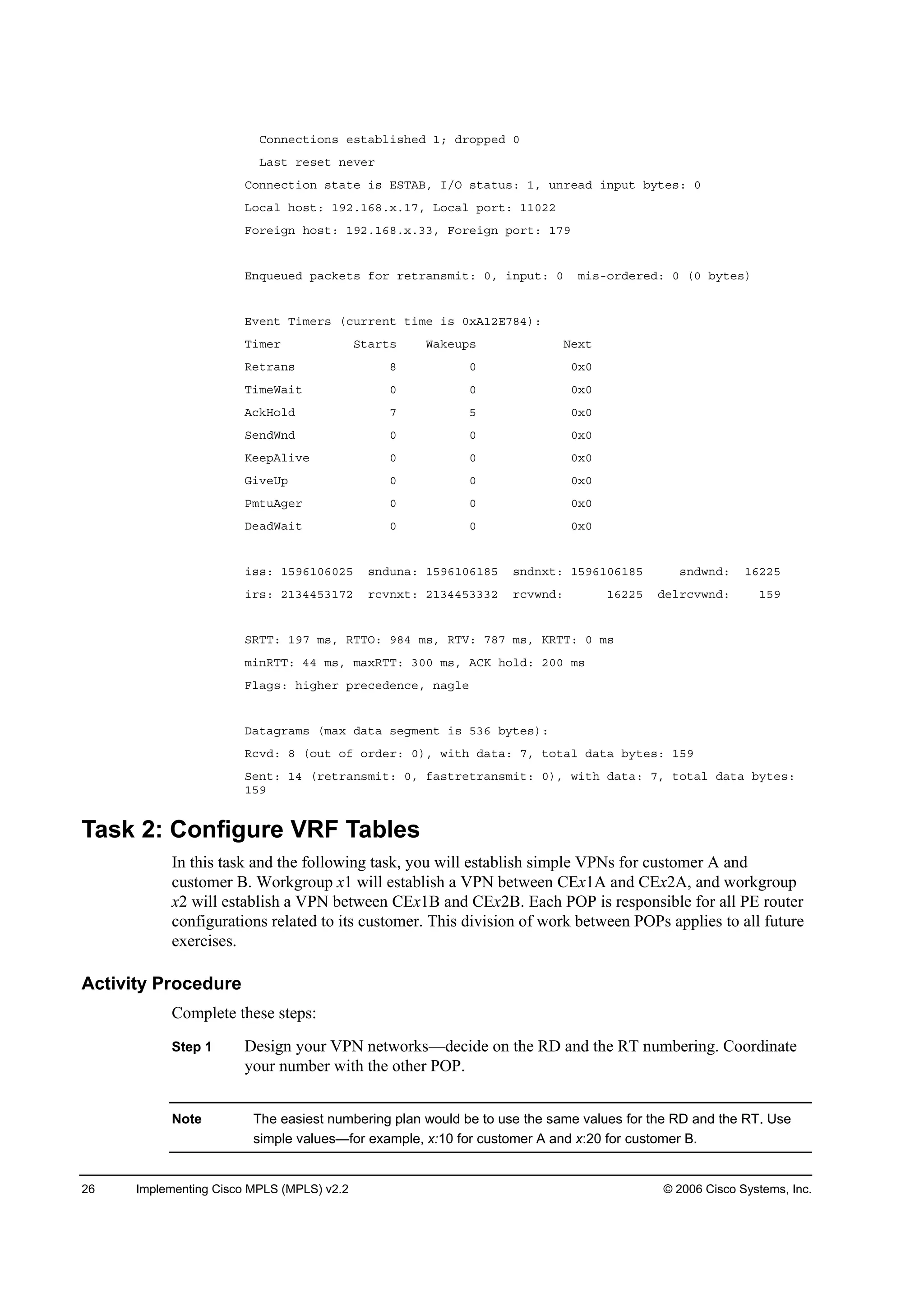26 Implementing Cisco MPLS (MPLS) v2.2 © 2006 Cisco Systems, Inc.
Ý±˛˛»˝¬·±˛­ »­¬żľ´·­¸»Ľ ďĺ Ľ®±°°»Ľ đ
Ôż­¬ ®»­»¬ ˛»Ş»®
Ý±˛˛»˝¬·±˛ ­¬ż¬» ·­ ŰÍĚßŢô ×ńŃ ­¬ż¬«­ć ďô «˛®»żĽ ·˛°«¬ ľ§¬»­ć đ
Ô±˝ż´ ¸±­¬ć ďçîňďęčň¨ňďéô Ô±˝ż´ °±®¬ć ďďđîî
Ú±®»·ą˛ ¸±­¬ć ďçîňďęčň¨ňííô Ú±®»·ą˛ °±®¬ć ďéç
Ű˛Ż«»«»Ľ °ż˝µ»¬­ ş±® ®»¬®ż˛­ł·¬ć đô ·˛°«¬ć đ ł·­ó±®Ľ»®»Ľć đ řđ ľ§¬»­÷
ŰŞ»˛¬ Ě·ł»®­ ř˝«®®»˛¬ ¬·ł» ·­ đ¨ßďîŰéčě÷ć
Ě·ł»® Í¬ż®¬­ Éżµ»«°­ Ň»¨¬
Î»¬®ż˛­ č đ đ¨đ
Ě·ł»Éż·¬ đ đ đ¨đ
ß˝µŘ±´Ľ é ë đ¨đ
Í»˛ĽÉ˛Ľ đ đ đ¨đ
Ő»»°ß´·Ş» đ đ đ¨đ
Ů·Ş»Ë° đ đ đ¨đ
Đł¬«ßą»® đ đ đ¨đ
Ü»żĽÉż·¬ đ đ đ¨đ
·­­ć ďëçęďđęđîë ­˛Ľ«˛żć ďëçęďđęďčë ­˛Ľ˛¨¬ć ďëçęďđęďčë ­˛Ľ©˛Ľć ďęîîë
·®­ć îďíěěëíďéî ®˝Ş˛¨¬ć îďíěěëíííî ®˝Ş©˛Ľć ďęîîë Ľ»´®˝Ş©˛Ľć ďëç
ÍÎĚĚć ďçé ł­ô ÎĚĚŃć çčě ł­ô ÎĚĘć éčé ł­ô ŐÎĚĚć đ ł­
ł·˛ÎĚĚć ěě ł­ô łż¨ÎĚĚć íđđ ł­ô ßÝŐ ¸±´Ľć îđđ ł­
Ú´żą­ć ¸·ą¸»® °®»˝»Ľ»˛˝»ô ˛żą´»
Üż¬żą®żł­ řłż¨ Ľż¬ż ­»ął»˛¬ ·­ ëíę ľ§¬»­÷ć
Î˝ŞĽć č ř±«¬ ±ş ±®Ľ»®ć đ÷ô ©·¬¸ Ľż¬żć éô ¬±¬ż´ Ľż¬ż ľ§¬»­ć ďëç
Í»˛¬ć ďě ř®»¬®ż˛­ł·¬ć đô şż­¬®»¬®ż˛­ł·¬ć đ÷ô ©·¬¸ Ľż¬żć éô ¬±¬ż´ Ľż¬ż ľ§¬»­ć
ďëç
Task 2: Configure VRF Tables
In this task and the following task, you will establish simple VPNs for customer A and
customer B. Workgroup x1 will establish a VPN between CEx1A and CEx2A, and workgroup
x2 will establish a VPN between CEx1B and CEx2B. Each POP is responsible for all PE router
configurations related to its customer. This division of work between POPs applies to all future
exercises.
Activity Procedure
Complete these steps:
Step 1 Design your VPN networks—decide on the RD and the RT numbering. Coordinate
your number with the other POP.
Note The easiest numbering plan would be to use the same values for the RD and the RT. Use
simple values—for example, x:10 for customer A and x:20 for customer B.
 
