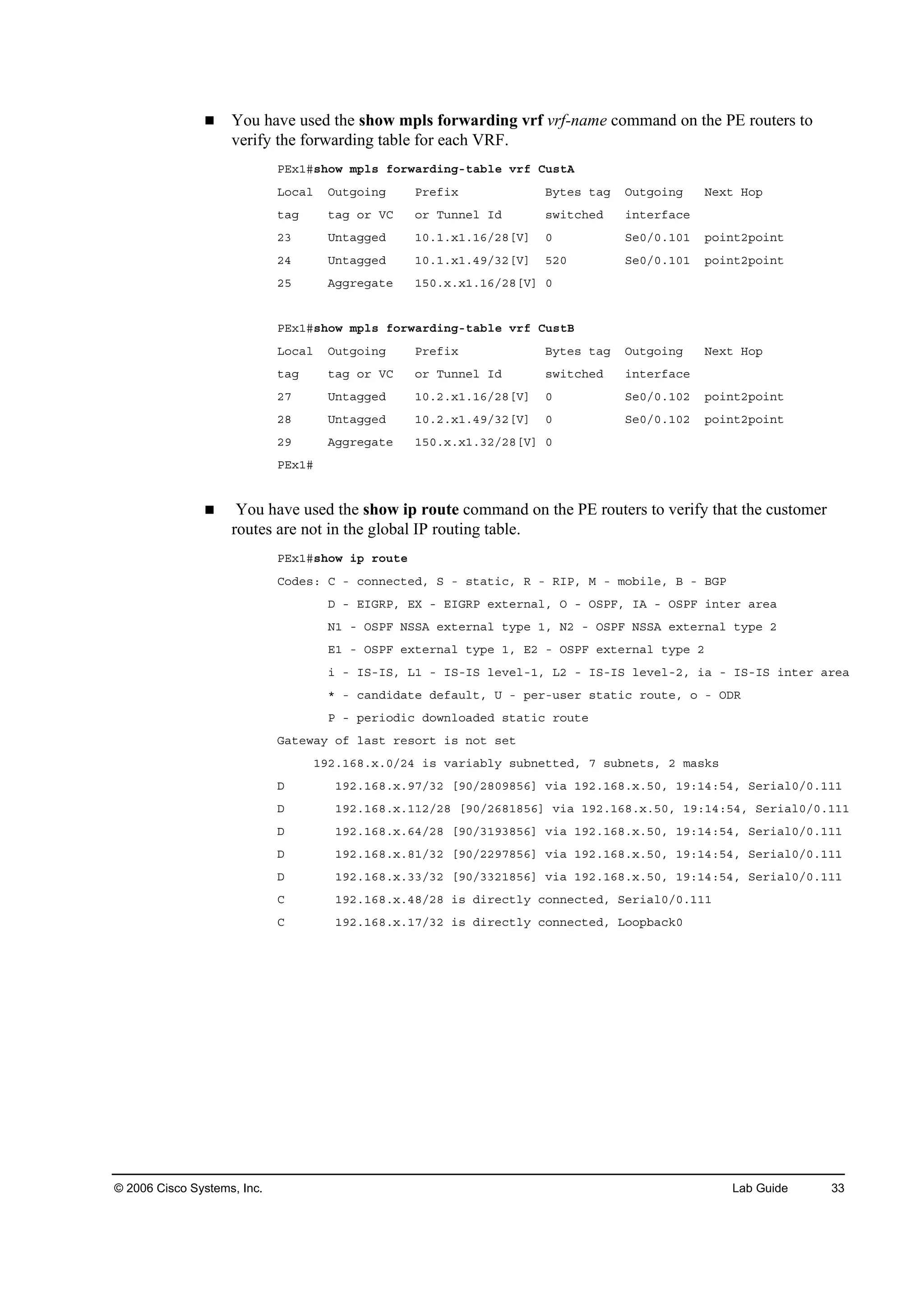 © 2006 Cisco Systems, Inc. Lab Guide 33
You have used the show mpls forwarding vrf vrf-name command on the PE routers to
verify the forwarding table for each VRF.
ĐŰ¨ďý­¸±© ł°´­ ş±®©ż®Ľ·˛ąó¬żľ´» Ş®ş Ý«­¬ß
Ô±˝ż´ Ń«¬ą±·˛ą Đ®»ş·¨ Ţ§¬»­ ¬żą Ń«¬ą±·˛ą Ň»¨¬ Ř±°
¬żą ¬żą ±® ĘÝ ±® Ě«˛˛»´ ×Ľ ­©·¬˝¸»Ľ ·˛¬»®şż˝»
îí Ë˛¬żąą»Ľ ďđňďň¨ďňďęńîčĹĘĂ đ Í»đńđňďđď °±·˛¬î°±·˛¬
îě Ë˛¬żąą»Ľ ďđňďň¨ďňěçńíîĹĘĂ ëîđ Í»đńđňďđď °±·˛¬î°±·˛¬
îë ßąą®»ąż¬» ďëđň¨ň¨ďňďęńîčĹĘĂ đ
ĐŰ¨ďý­¸±© ł°´­ ş±®©ż®Ľ·˛ąó¬żľ´» Ş®ş Ý«­¬Ţ
Ô±˝ż´ Ń«¬ą±·˛ą Đ®»ş·¨ Ţ§¬»­ ¬żą Ń«¬ą±·˛ą Ň»¨¬ Ř±°
¬żą ¬żą ±® ĘÝ ±® Ě«˛˛»´ ×Ľ ­©·¬˝¸»Ľ ·˛¬»®şż˝»
îé Ë˛¬żąą»Ľ ďđňîň¨ďňďęńîčĹĘĂ đ Í»đńđňďđî °±·˛¬î°±·˛¬
îč Ë˛¬żąą»Ľ ďđňîň¨ďňěçńíîĹĘĂ đ Í»đńđňďđî °±·˛¬î°±·˛¬
îç ßąą®»ąż¬» ďëđň¨ň¨ďňíîńîčĹĘĂ đ
ĐŰ¨ďý
You have used the show ip route command on the PE routers to verify that the customer
routes are not in the global IP routing table.
ĐŰ¨ďý­¸±© ·° ®±«¬»
Ý±Ľ»­ć Ý ó ˝±˛˛»˝¬»Ľô Í ó ­¬ż¬·˝ô Î ó Î×Đô Ó ó ł±ľ·´»ô Ţ ó ŢŮĐ
Ü ó Ű×ŮÎĐô ŰČ ó Ű×ŮÎĐ »¨¬»®˛ż´ô Ń ó ŃÍĐÚô ×ß ó ŃÍĐÚ ·˛¬»® ż®»ż
Ňď ó ŃÍĐÚ ŇÍÍß »¨¬»®˛ż´ ¬§°» ďô Ňî ó ŃÍĐÚ ŇÍÍß »¨¬»®˛ż´ ¬§°» î
Űď ó ŃÍĐÚ »¨¬»®˛ż´ ¬§°» ďô Űî ó ŃÍĐÚ »¨¬»®˛ż´ ¬§°» î
· ó ×Íó×Íô Ôď ó ×Íó×Í ´»Ş»´óďô Ôî ó ×Íó×Í ´»Ş»´óîô ·ż ó ×Íó×Í ·˛¬»® ż®»ż
ö ó ˝ż˛Ľ·Ľż¬» Ľ»şż«´¬ô Ë ó °»®ó«­»® ­¬ż¬·˝ ®±«¬»ô ± ó ŃÜÎ
Đ ó °»®·±Ľ·˝ Ľ±©˛´±żĽ»Ľ ­¬ż¬·˝ ®±«¬»
Ůż¬»©ż§ ±ş ´ż­¬ ®»­±®¬ ·­ ˛±¬ ­»¬
ďçîňďęčň¨ňđńîě ·­ Şż®·żľ´§ ­«ľ˛»¬¬»Ľô é ­«ľ˛»¬­ô î łż­µ­
Ü ďçîňďęčň¨ňçéńíî ĹçđńîčđçčëęĂ Ş·ż ďçîňďęčň¨ňëđô ďçćďěćëěô Í»®·ż´đńđňďďď
Ü ďçîňďęčň¨ňďďîńîč ĹçđńîęčďčëęĂ Ş·ż ďçîňďęčň¨ňëđô ďçćďěćëěô Í»®·ż´đńđňďďď
Ü ďçîňďęčň¨ňęěńîč ĹçđńíďçíčëęĂ Ş·ż ďçîňďęčň¨ňëđô ďçćďěćëěô Í»®·ż´đńđňďďď
Ü ďçîňďęčň¨ňčďńíî ĹçđńîîçéčëęĂ Ş·ż ďçîňďęčň¨ňëđô ďçćďěćëěô Í»®·ż´đńđňďďď
Ü ďçîňďęčň¨ňííńíî ĹçđńííîďčëęĂ Ş·ż ďçîňďęčň¨ňëđô ďçćďěćëěô Í»®·ż´đńđňďďď
Ý ďçîňďęčň¨ňěčńîč ·­ Ľ·®»˝¬´§ ˝±˛˛»˝¬»Ľô Í»®·ż´đńđňďďď
Ý ďçîňďęčň¨ňďéńíî ·­ Ľ·®»˝¬´§ ˝±˛˛»˝¬»Ľô Ô±±°ľż˝µđ
 