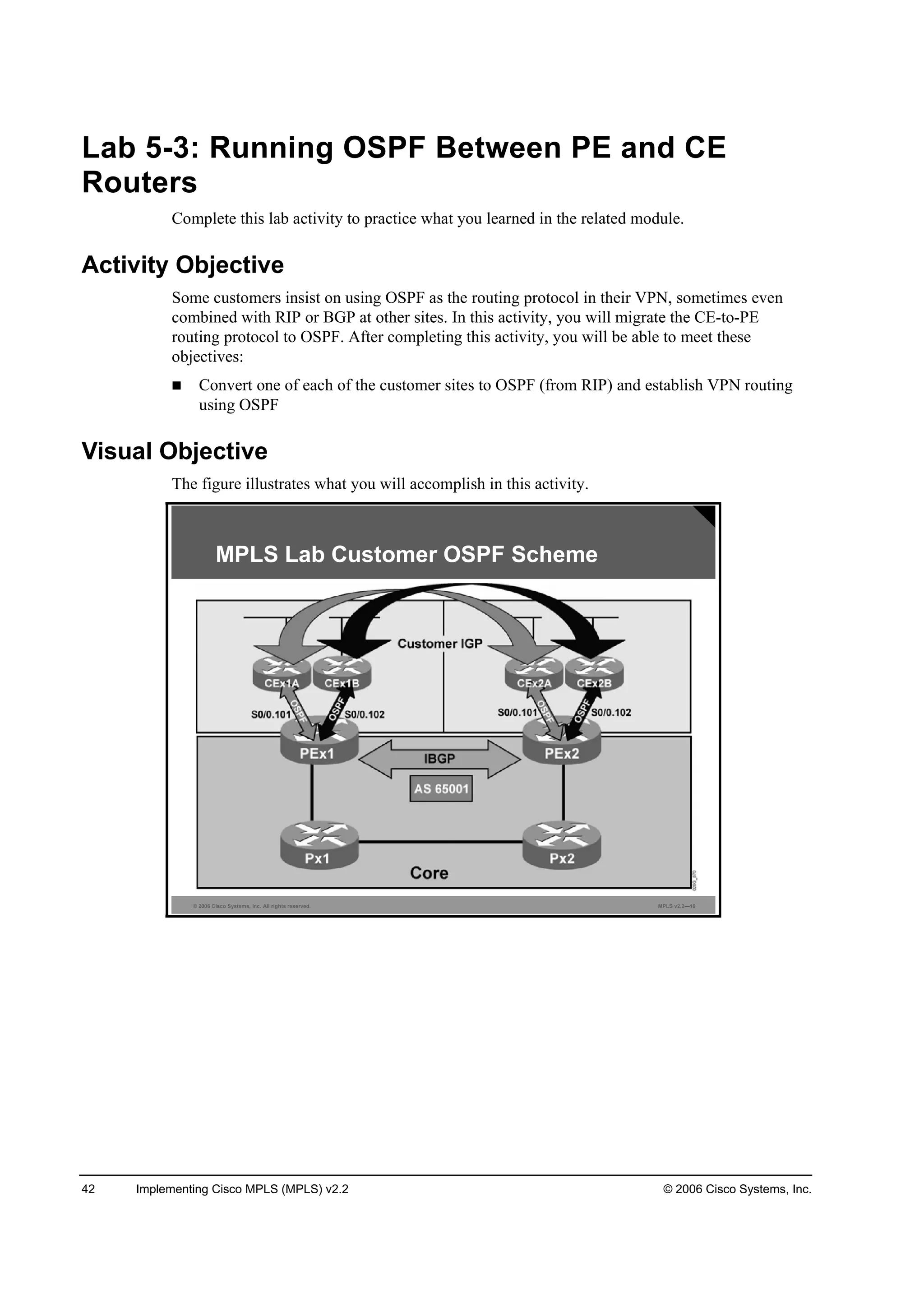 42 Implementing Cisco MPLS (MPLS) v2.2 © 2006 Cisco Systems, Inc.
Lab 5-3: Running OSPF Between PE and CE
Routers
Complete this lab activity to practice what you learned in the related module.
Activity Objective
Some customers insist on using OSPF as the routing protocol in their VPN, sometimes even
combined with RIP or BGP at other sites. In this activity, you will migrate the CE-to-PE
routing protocol to OSPF. After completing this activity, you will be able to meet these
objectives:
Convert one of each of the customer sites to OSPF (from RIP) and establish VPN routing
using OSPF
Visual Objective
The figure illustrates what you will accomplish in this activity.
© 2006 Cisco Systems, Inc. All rights reserved. MPLS v2.2—10
MPLS Lab Customer OSPF Scheme
 