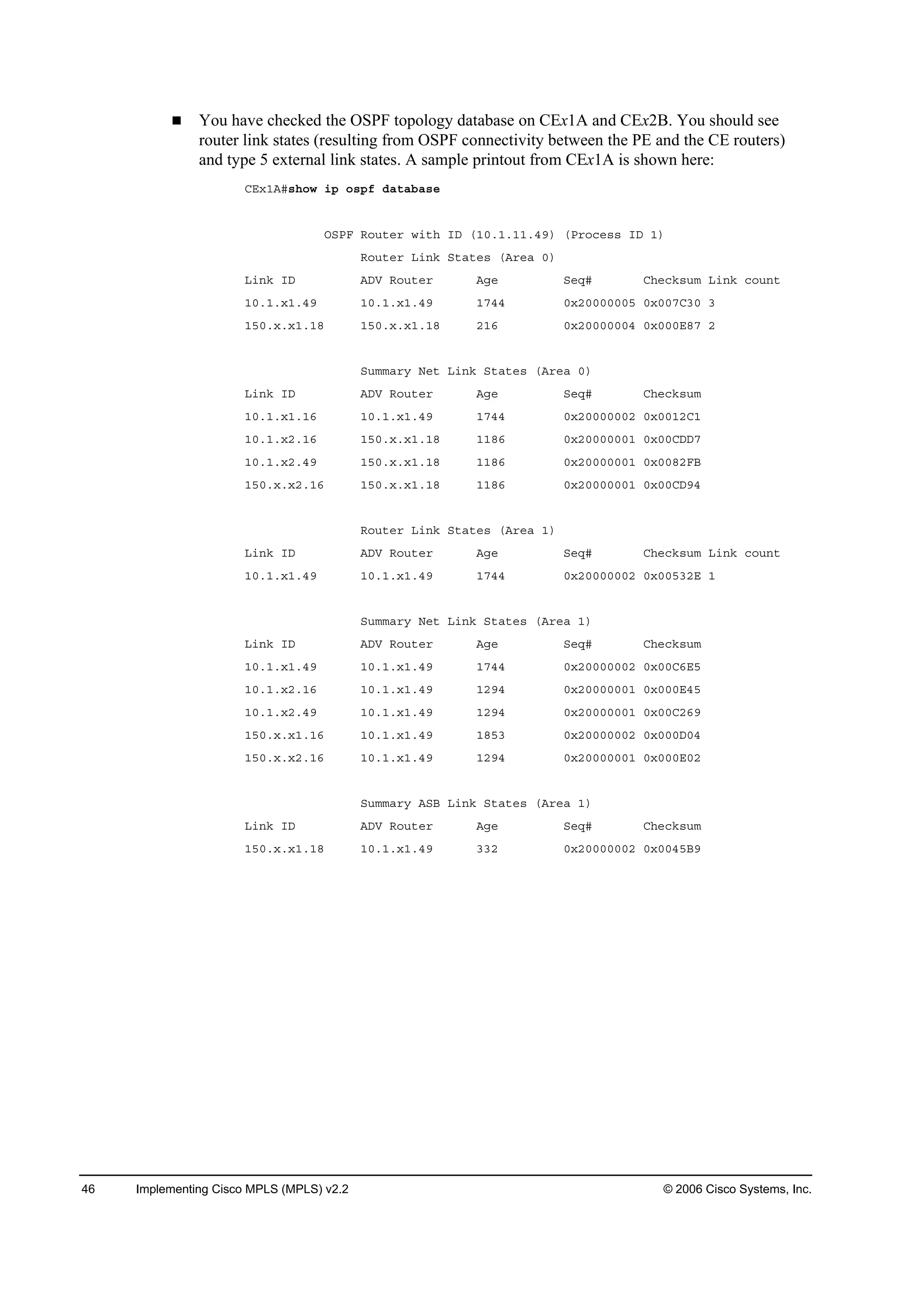 46 Implementing Cisco MPLS (MPLS) v2.2 © 2006 Cisco Systems, Inc.
You have checked the OSPF topology database on CEx1A and CEx2B. You should see
router link states (resulting from OSPF connectivity between the PE and the CE routers)
and type 5 external link states. A sample printout from CEx1A is shown here:
ÝŰ¨ďßý­¸±© ·° ±­°ş Ľż¬żľż­»
ŃÍĐÚ Î±«¬»® ©·¬¸ ×Ü řďđňďňďďňěç÷ řĐ®±˝»­­ ×Ü ď÷
Î±«¬»® Ô·˛µ Í¬ż¬»­ řß®»ż đ÷
Ô·˛µ ×Ü ßÜĘ Î±«¬»® ßą» Í»Żý Ý¸»˝µ­«ł Ô·˛µ ˝±«˛¬
ďđňďň¨ďňěç ďđňďň¨ďňěç ďéěě đ¨îđđđđđđë đ¨đđéÝíđ í
ďëđň¨ň¨ďňďč ďëđň¨ň¨ďňďč îďę đ¨îđđđđđđě đ¨đđđŰčé î
Í«łłż®§ Ň»¬ Ô·˛µ Í¬ż¬»­ řß®»ż đ÷
Ô·˛µ ×Ü ßÜĘ Î±«¬»® ßą» Í»Żý Ý¸»˝µ­«ł
ďđňďň¨ďňďę ďđňďň¨ďňěç ďéěě đ¨îđđđđđđî đ¨đđďîÝď
ďđňďň¨îňďę ďëđň¨ň¨ďňďč ďďčę đ¨îđđđđđđď đ¨đđÝÜÜé
ďđňďň¨îňěç ďëđň¨ň¨ďňďč ďďčę đ¨îđđđđđđď đ¨đđčîÚŢ
ďëđň¨ň¨îňďę ďëđň¨ň¨ďňďč ďďčę đ¨îđđđđđđď đ¨đđÝÜçě
Î±«¬»® Ô·˛µ Í¬ż¬»­ řß®»ż ď÷
Ô·˛µ ×Ü ßÜĘ Î±«¬»® ßą» Í»Żý Ý¸»˝µ­«ł Ô·˛µ ˝±«˛¬
ďđňďň¨ďňěç ďđňďň¨ďňěç ďéěě đ¨îđđđđđđî đ¨đđëíîŰ ď
Í«łłż®§ Ň»¬ Ô·˛µ Í¬ż¬»­ řß®»ż ď÷
Ô·˛µ ×Ü ßÜĘ Î±«¬»® ßą» Í»Żý Ý¸»˝µ­«ł
ďđňďň¨ďňěç ďđňďň¨ďňěç ďéěě đ¨îđđđđđđî đ¨đđÝęŰë
ďđňďň¨îňďę ďđňďň¨ďňěç ďîçě đ¨îđđđđđđď đ¨đđđŰěë
ďđňďň¨îňěç ďđňďň¨ďňěç ďîçě đ¨îđđđđđđď đ¨đđÝîęç
ďëđň¨ň¨ďňďę ďđňďň¨ďňěç ďčëí đ¨îđđđđđđî đ¨đđđÜđě
ďëđň¨ň¨îňďę ďđňďň¨ďňěç ďîçě đ¨îđđđđđđď đ¨đđđŰđî
Í«łłż®§ ßÍŢ Ô·˛µ Í¬ż¬»­ řß®»ż ď÷
Ô·˛µ ×Ü ßÜĘ Î±«¬»® ßą» Í»Żý Ý¸»˝µ­«ł
ďëđň¨ň¨ďňďč ďđňďň¨ďňěç ííî đ¨îđđđđđđî đ¨đđěëŢç
 