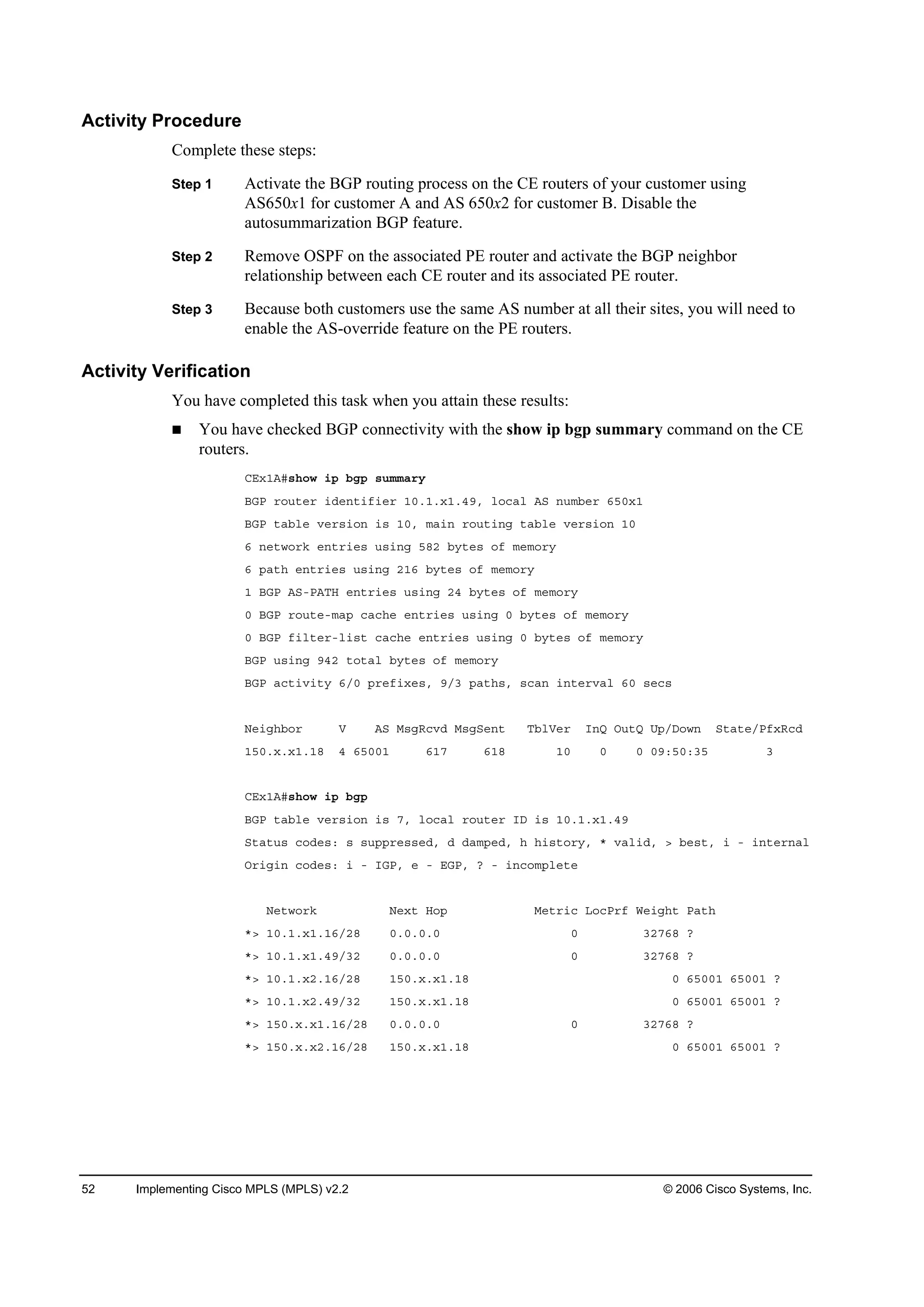 52 Implementing Cisco MPLS (MPLS) v2.2 © 2006 Cisco Systems, Inc.
Activity Procedure
Complete these steps:
Step 1 Activate the BGP routing process on the CE routers of your customer using
AS650x1 for customer A and AS 650x2 for customer B. Disable the
autosummarization BGP feature.
Step 2 Remove OSPF on the associated PE router and activate the BGP neighbor
relationship between each CE router and its associated PE router.
Step 3 Because both customers use the same AS number at all their sites, you will need to
enable the AS-override feature on the PE routers.
Activity Verification
You have completed this task when you attain these results:
You have checked BGP connectivity with the show ip bgp summary command on the CE
routers.
ÝŰ¨ďßý­¸±© ·° ľą° ­«łłż®§
ŢŮĐ ®±«¬»® ·Ľ»˛¬·ş·»® ďđňďň¨ďňěçô ´±˝ż´ ßÍ ˛«łľ»® ęëđ¨ď
ŢŮĐ ¬żľ´» Ş»®­·±˛ ·­ ďđô łż·˛ ®±«¬·˛ą ¬żľ´» Ş»®­·±˛ ďđ
ę ˛»¬©±®µ »˛¬®·»­ «­·˛ą ëčî ľ§¬»­ ±ş ł»ł±®§
ę °ż¬¸ »˛¬®·»­ «­·˛ą îďę ľ§¬»­ ±ş ł»ł±®§
ď ŢŮĐ ßÍóĐßĚŘ »˛¬®·»­ «­·˛ą îě ľ§¬»­ ±ş ł»ł±®§
đ ŢŮĐ ®±«¬»ółż° ˝ż˝¸» »˛¬®·»­ «­·˛ą đ ľ§¬»­ ±ş ł»ł±®§
đ ŢŮĐ ş·´¬»®ó´·­¬ ˝ż˝¸» »˛¬®·»­ «­·˛ą đ ľ§¬»­ ±ş ł»ł±®§
ŢŮĐ «­·˛ą çěî ¬±¬ż´ ľ§¬»­ ±ş ł»ł±®§
ŢŮĐ ż˝¬·Ş·¬§ ęńđ °®»ş·¨»­ô çńí °ż¬¸­ô ­˝ż˛ ·˛¬»®Şż´ ęđ ­»˝­
Ň»·ą¸ľ±® Ę ßÍ Ó­ąÎ˝ŞĽ Ó­ąÍ»˛¬ Ěľ´Ę»® ×˛Ď Ń«¬Ď Ë°ńÜ±©˛ Í¬ż¬»ńĐş¨Î˝Ľ
ďëđň¨ň¨ďňďč ě ęëđđď ęďé ęďč ďđ đ đ đçćëđćíë í
ÝŰ¨ďßý­¸±© ·° ľą°
ŢŮĐ ¬żľ´» Ş»®­·±˛ ·­ éô ´±˝ż´ ®±«¬»® ×Ü ·­ ďđňďň¨ďňěç
Í¬ż¬«­ ˝±Ľ»­ć ­ ­«°°®»­­»Ľô Ľ Ľżł°»Ľô ¸ ¸·­¬±®§ô ö Şż´·Ľô â ľ»­¬ô · ó ·˛¬»®˛ż´
Ń®·ą·˛ ˝±Ľ»­ć · ó ×ŮĐô » ó ŰŮĐô á ó ·˛˝±ł°´»¬»
Ň»¬©±®µ Ň»¨¬ Ř±° Ó»¬®·˝ Ô±˝Đ®ş É»·ą¸¬ Đż¬¸
öâ ďđňďň¨ďňďęńîč đňđňđňđ đ íîéęč á
öâ ďđňďň¨ďňěçńíî đňđňđňđ đ íîéęč á
öâ ďđňďň¨îňďęńîč ďëđň¨ň¨ďňďč đ ęëđđď ęëđđď á
öâ ďđňďň¨îňěçńíî ďëđň¨ň¨ďňďč đ ęëđđď ęëđđď á
öâ ďëđň¨ň¨ďňďęńîč đňđňđňđ đ íîéęč á
öâ ďëđň¨ň¨îňďęńîč ďëđň¨ň¨ďňďč đ ęëđđď ęëđđď á
 