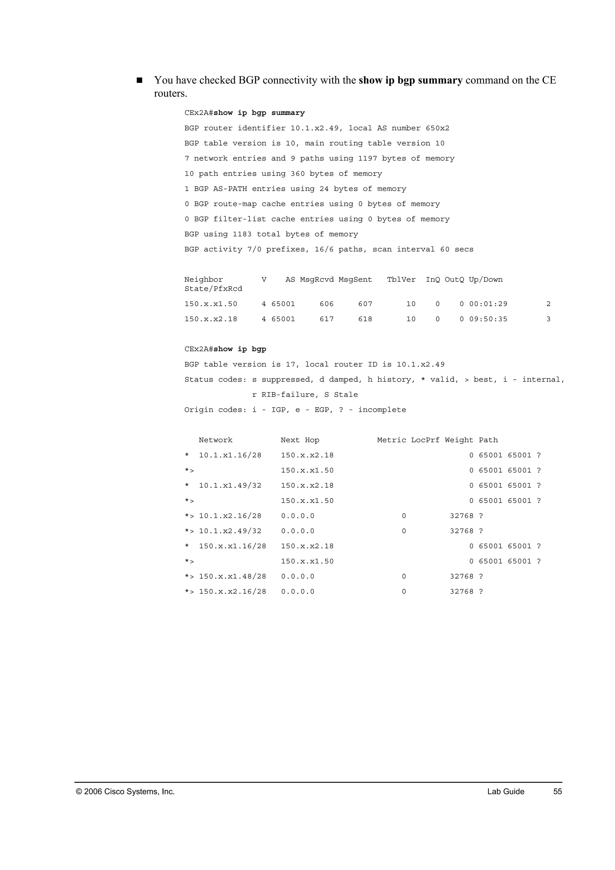© 2006 Cisco Systems, Inc. Lab Guide 55
You have checked BGP connectivity with the show ip bgp summary command on the CE
routers.
ÝŰ¨îßý­¸±© ·° ľą° ­«łłż®§
ŢŮĐ ®±«¬»® ·Ľ»˛¬·ş·»® ďđňďň¨îňěçô ´±˝ż´ ßÍ ˛«łľ»® ęëđ¨î
ŢŮĐ ¬żľ´» Ş»®­·±˛ ·­ ďđô łż·˛ ®±«¬·˛ą ¬żľ´» Ş»®­·±˛ ďđ
é ˛»¬©±®µ »˛¬®·»­ ż˛Ľ ç °ż¬¸­ «­·˛ą ďďçé ľ§¬»­ ±ş ł»ł±®§
ďđ °ż¬¸ »˛¬®·»­ «­·˛ą íęđ ľ§¬»­ ±ş ł»ł±®§
ď ŢŮĐ ßÍóĐßĚŘ »˛¬®·»­ «­·˛ą îě ľ§¬»­ ±ş ł»ł±®§
đ ŢŮĐ ®±«¬»ółż° ˝ż˝¸» »˛¬®·»­ «­·˛ą đ ľ§¬»­ ±ş ł»ł±®§
đ ŢŮĐ ş·´¬»®ó´·­¬ ˝ż˝¸» »˛¬®·»­ «­·˛ą đ ľ§¬»­ ±ş ł»ł±®§
ŢŮĐ «­·˛ą ďďčí ¬±¬ż´ ľ§¬»­ ±ş ł»ł±®§
ŢŮĐ ż˝¬·Ş·¬§ éńđ °®»ş·¨»­ô ďęńę °ż¬¸­ô ­˝ż˛ ·˛¬»®Şż´ ęđ ­»˝­
Ň»·ą¸ľ±® Ę ßÍ Ó­ąÎ˝ŞĽ Ó­ąÍ»˛¬ Ěľ´Ę»® ×˛Ď Ń«¬Ď Ë°ńÜ±©˛
Í¬ż¬»ńĐş¨Î˝Ľ
ďëđň¨ň¨ďňëđ ě ęëđđď ęđę ęđé ďđ đ đ đđćđďćîç î
ďëđň¨ň¨îňďč ě ęëđđď ęďé ęďč ďđ đ đ đçćëđćíë í
ÝŰ¨îßý­¸±© ·° ľą°
ŢŮĐ ¬żľ´» Ş»®­·±˛ ·­ ďéô ´±˝ż´ ®±«¬»® ×Ü ·­ ďđňďň¨îňěç
Í¬ż¬«­ ˝±Ľ»­ć ­ ­«°°®»­­»Ľô Ľ Ľżł°»Ľô ¸ ¸·­¬±®§ô ö Şż´·Ľô â ľ»­¬ô · ó ·˛¬»®˛ż´ô
® Î×Ţóşż·´«®»ô Í Í¬ż´»
Ń®·ą·˛ ˝±Ľ»­ć · ó ×ŮĐô » ó ŰŮĐô á ó ·˛˝±ł°´»¬»
Ň»¬©±®µ Ň»¨¬ Ř±° Ó»¬®·˝ Ô±˝Đ®ş É»·ą¸¬ Đż¬¸
ö ďđňďň¨ďňďęńîč ďëđň¨ň¨îňďč đ ęëđđď ęëđđď á
öâ ďëđň¨ň¨ďňëđ đ ęëđđď ęëđđď á
ö ďđňďň¨ďňěçńíî ďëđň¨ň¨îňďč đ ęëđđď ęëđđď á
öâ ďëđň¨ň¨ďňëđ đ ęëđđď ęëđđď á
öâ ďđňďň¨îňďęńîč đňđňđňđ đ íîéęč á
öâ ďđňďň¨îňěçńíî đňđňđňđ đ íîéęč á
ö ďëđň¨ň¨ďňďęńîč ďëđň¨ň¨îňďč đ ęëđđď ęëđđď á
öâ ďëđň¨ň¨ďňëđ đ ęëđđď ęëđđď á
öâ ďëđň¨ň¨ďňěčńîč đňđňđňđ đ íîéęč á
öâ ďëđň¨ň¨îňďęńîč đňđňđňđ đ íîéęč á
 