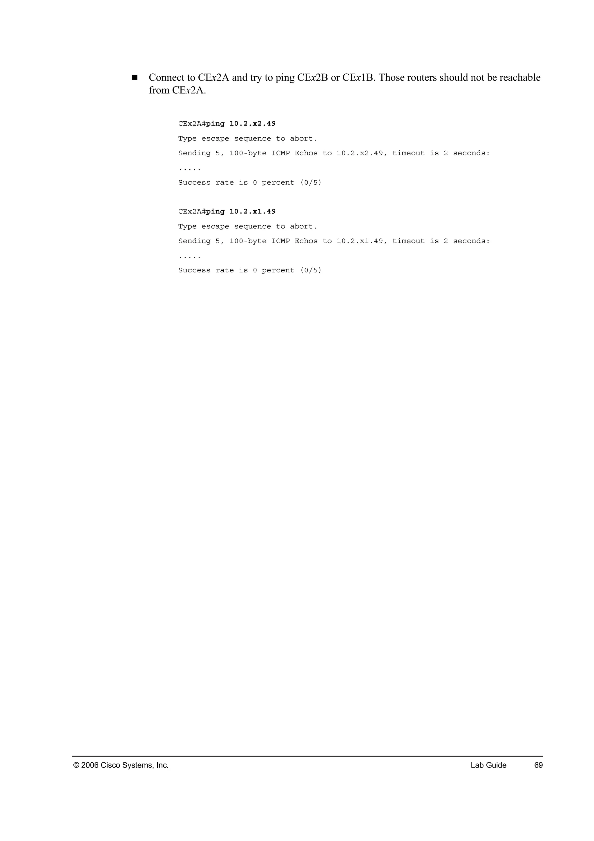 © 2006 Cisco Systems, Inc. Lab Guide 69
Connect to CEx2A and try to ping CEx2B or CEx1B. Those routers should not be reachable
from CEx2A.
ÝŰ¨îßý°·˛ą ďđňîň¨îňěç
Ě§°» »­˝ż°» ­»Ż«»˛˝» ¬± żľ±®¬ň
Í»˛Ľ·˛ą ëô ďđđóľ§¬» ×ÝÓĐ Ű˝¸±­ ¬± ďđňîň¨îňěçô ¬·ł»±«¬ ·­ î ­»˝±˛Ľ­ć
ňňňňň
Í«˝˝»­­ ®ż¬» ·­ đ °»®˝»˛¬ řđńë÷
ÝŰ¨îßý°·˛ą ďđňîň¨ďňěç
Ě§°» »­˝ż°» ­»Ż«»˛˝» ¬± żľ±®¬ň
Í»˛Ľ·˛ą ëô ďđđóľ§¬» ×ÝÓĐ Ű˝¸±­ ¬± ďđňîň¨ďňěçô ¬·ł»±«¬ ·­ î ­»˝±˛Ľ­ć
ňňňňň
Í«˝˝»­­ ®ż¬» ·­ đ °»®˝»˛¬ řđńë÷
 