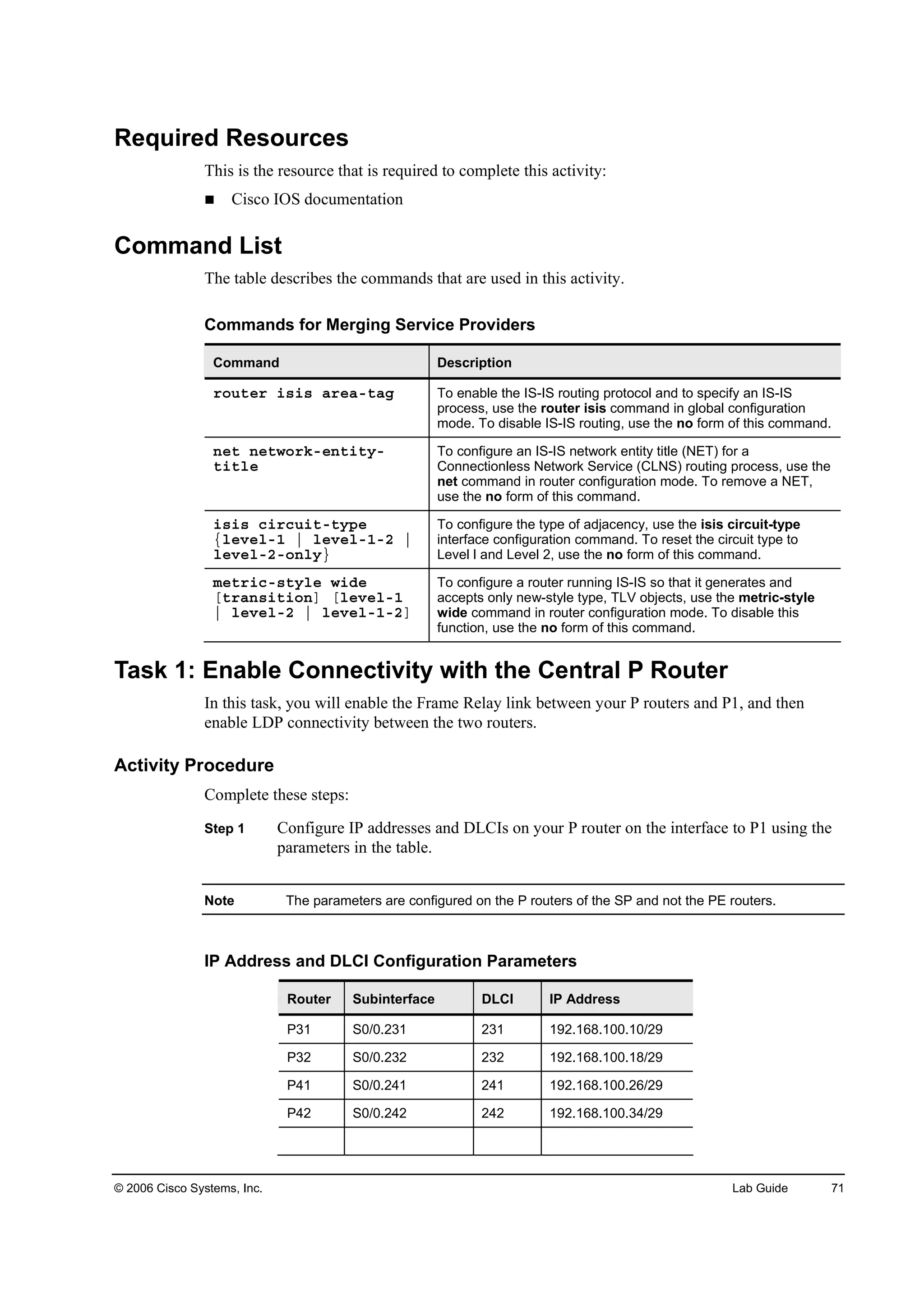 © 2006 Cisco Systems, Inc. Lab Guide 71
Required Resources
This is the resource that is required to complete this activity:
Cisco IOS documentation
Command List
The table describes the commands that are used in this activity.
Commands for Merging Service Providers
Command Description
®±«¬»® ·­·­ ż®»żó¬żą To enable the IS-IS routing protocol and to specify an IS-IS
process, use the router isis command in global configuration
mode. To disable IS-IS routing, use the no form of this command.
˛»¬ ˛»¬©±®µó»˛¬·¬§ó
¬·¬´»
To configure an IS-IS network entity title (NET) for a
Connectionless Network Service (CLNS) routing process, use the
net command in router configuration mode. To remove a NET,
use the no form of this command.
·­·­ ˝·®˝«·¬ó¬§°»
Ą´»Ş»´óď ¤ ´»Ş»´óďóî ¤
´»Ş»´óîó±˛´§Ł
To configure the type of adjacency, use the isis circuit-type
interface configuration command. To reset the circuit type to
Level l and Level 2, use the no form of this command.
ł»¬®·˝ó­¬§´» ©·Ľ»
Ĺ¬®ż˛­·¬·±˛Ă Ĺ´»Ş»´óď
¤ ´»Ş»´óî ¤ ´»Ş»´óďóîĂ
To configure a router running IS-IS so that it generates and
accepts only new-style type, TLV objects, use the metric-style
wide command in router configuration mode. To disable this
function, use the no form of this command.
Task 1: Enable Connectivity with the Central P Router
In this task, you will enable the Frame Relay link between your P routers and P1, and then
enable LDP connectivity between the two routers.
Activity Procedure
Complete these steps:
Step 1 Configure IP addresses and DLCIs on your P router on the interface to P1 using the
parameters in the table.
Note The parameters are configured on the P routers of the SP and not the PE routers.
IP Address and DLCI Configuration Parameters
Router Subinterface DLCI IP Address
P31 S0/0.231 231 192.168.100.10/29
P32 S0/0.232 232 192.168.100.18/29
P41 S0/0.241 241 192.168.100.26/29
P42 S0/0.242 242 192.168.100.34/29
 