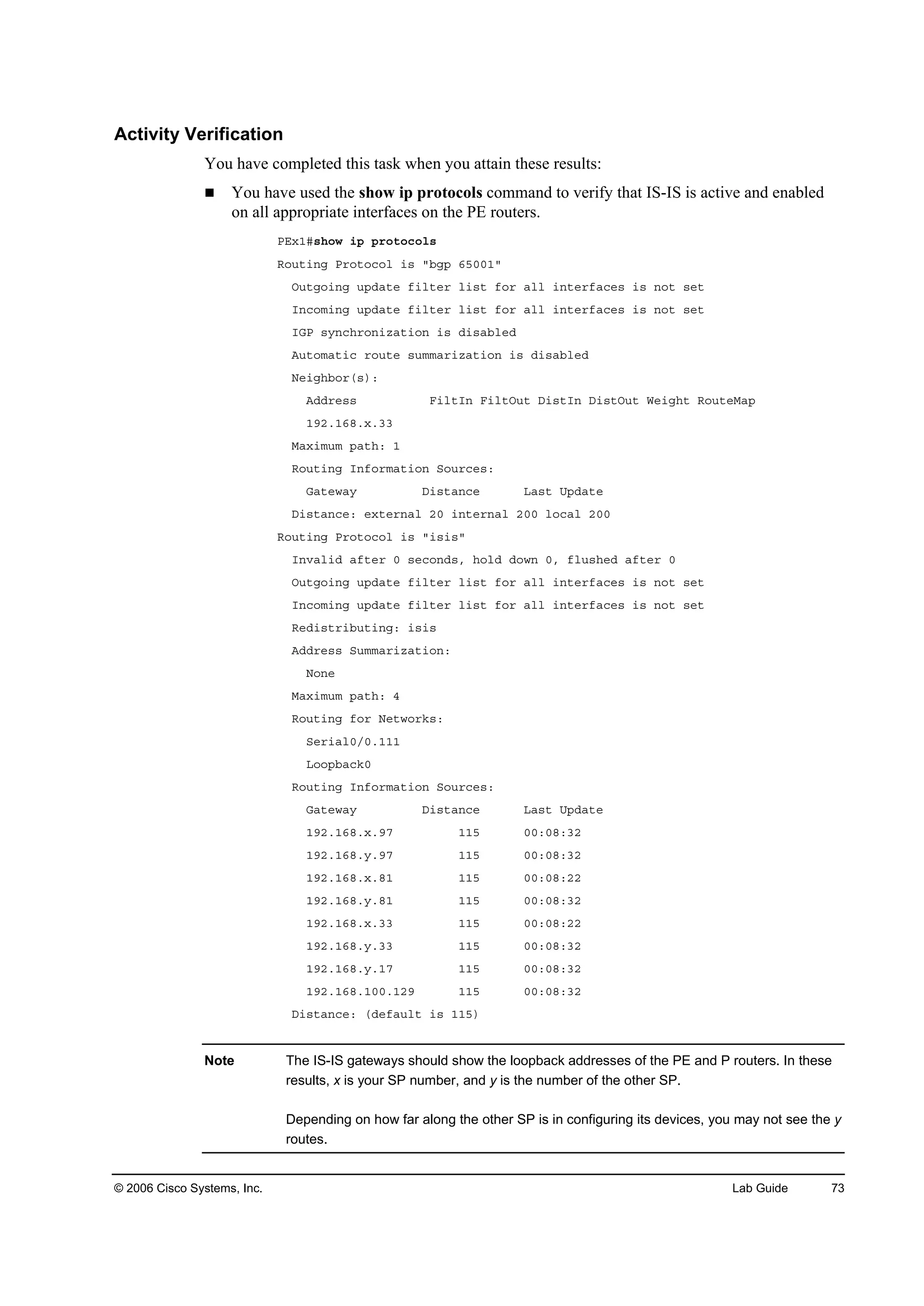 © 2006 Cisco Systems, Inc. Lab Guide 73
Activity Verification
You have completed this task when you attain these results:
You have used the show ip protocols command to verify that IS-IS is active and enabled
on all appropriate interfaces on the PE routers.
ĐŰ¨ďý­¸±© ·° °®±¬±˝±´­
Î±«¬·˛ą Đ®±¬±˝±´ ·­ ţľą° ęëđđďţ
Ń«¬ą±·˛ą «°Ľż¬» ş·´¬»® ´·­¬ ş±® ż´´ ·˛¬»®şż˝»­ ·­ ˛±¬ ­»¬
×˛˝±ł·˛ą «°Ľż¬» ş·´¬»® ´·­¬ ş±® ż´´ ·˛¬»®şż˝»­ ·­ ˛±¬ ­»¬
×ŮĐ ­§˛˝¸®±˛·¦ż¬·±˛ ·­ Ľ·­żľ´»Ľ
ß«¬±łż¬·˝ ®±«¬» ­«łłż®·¦ż¬·±˛ ·­ Ľ·­żľ´»Ľ
Ň»·ą¸ľ±®ř­÷ć
ßĽĽ®»­­ Ú·´¬×˛ Ú·´¬Ń«¬ Ü·­¬×˛ Ü·­¬Ń«¬ É»·ą¸¬ Î±«¬»Óż°
ďçîňďęčň¨ňíí
Óż¨·ł«ł °ż¬¸ć ď
Î±«¬·˛ą ×˛ş±®łż¬·±˛ Í±«®˝»­ć
Ůż¬»©ż§ Ü·­¬ż˛˝» Ôż­¬ Ë°Ľż¬»
Ü·­¬ż˛˝»ć »¨¬»®˛ż´ îđ ·˛¬»®˛ż´ îđđ ´±˝ż´ îđđ
Î±«¬·˛ą Đ®±¬±˝±´ ·­ ţ·­·­ţ
×˛Şż´·Ľ żş¬»® đ ­»˝±˛Ľ­ô ¸±´Ľ Ľ±©˛ đô ş´«­¸»Ľ żş¬»® đ
Ń«¬ą±·˛ą «°Ľż¬» ş·´¬»® ´·­¬ ş±® ż´´ ·˛¬»®şż˝»­ ·­ ˛±¬ ­»¬
×˛˝±ł·˛ą «°Ľż¬» ş·´¬»® ´·­¬ ş±® ż´´ ·˛¬»®şż˝»­ ·­ ˛±¬ ­»¬
Î»Ľ·­¬®·ľ«¬·˛ąć ·­·­
ßĽĽ®»­­ Í«łłż®·¦ż¬·±˛ć
Ň±˛»
Óż¨·ł«ł °ż¬¸ć ě
Î±«¬·˛ą ş±® Ň»¬©±®µ­ć
Í»®·ż´đńđňďďď
Ô±±°ľż˝µđ
Î±«¬·˛ą ×˛ş±®łż¬·±˛ Í±«®˝»­ć
Ůż¬»©ż§ Ü·­¬ż˛˝» Ôż­¬ Ë°Ľż¬»
ďçîňďęčň¨ňçé ďďë đđćđčćíî
ďçîňďęčň§ňçé ďďë đđćđčćíî
ďçîňďęčň¨ňčď ďďë đđćđčćîî
ďçîňďęčň§ňčď ďďë đđćđčćíî
ďçîňďęčň¨ňíí ďďë đđćđčćîî
ďçîňďęčň§ňíí ďďë đđćđčćíî
ďçîňďęčň§ňďé ďďë đđćđčćíî
ďçîňďęčňďđđňďîç ďďë đđćđčćíî
Ü·­¬ż˛˝»ć řĽ»şż«´¬ ·­ ďďë÷
Note The IS-IS gateways should show the loopback addresses of the PE and P routers. In these
results, x is your SP number, and y is the number of the other SP.
Depending on how far along the other SP is in configuring its devices, you may not see the y
routes.
 