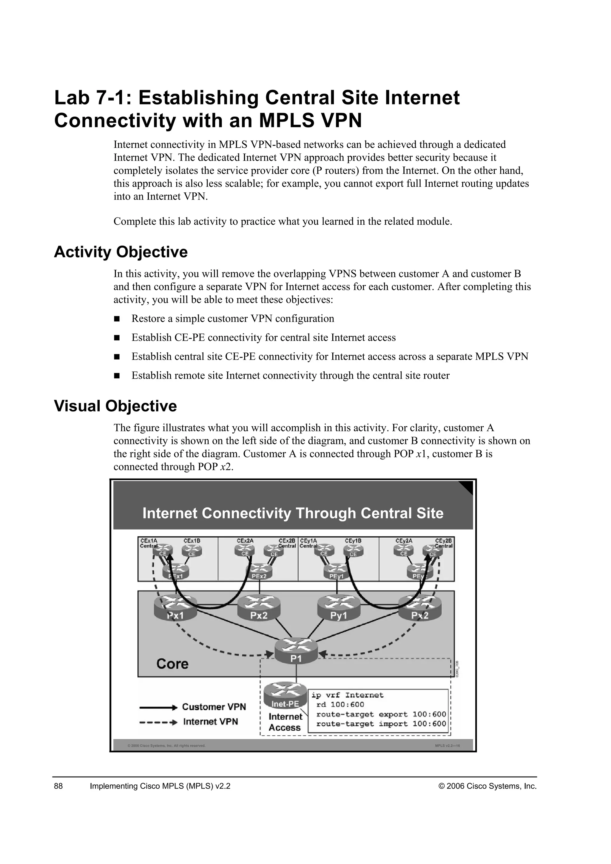 88 Implementing Cisco MPLS (MPLS) v2.2 © 2006 Cisco Systems, Inc.
Lab 7-1: Establishing Central Site Internet
Connectivity with an MPLS VPN
Internet connectivity in MPLS VPN-based networks can be achieved through a dedicated
Internet VPN. The dedicated Internet VPN approach provides better security because it
completely isolates the service provider core (P routers) from the Internet. On the other hand,
this approach is also less scalable; for example, you cannot export full Internet routing updates
into an Internet VPN.
Complete this lab activity to practice what you learned in the related module.
Activity Objective
In this activity, you will remove the overlapping VPNS between customer A and customer B
and then configure a separate VPN for Internet access for each customer. After completing this
activity, you will be able to meet these objectives:
Restore a simple customer VPN configuration
Establish CE-PE connectivity for central site Internet access
Establish central site CE-PE connectivity for Internet access across a separate MPLS VPN
Establish remote site Internet connectivity through the central site router
Visual Objective
The figure illustrates what you will accomplish in this activity. For clarity, customer A
connectivity is shown on the left side of the diagram, and customer B connectivity is shown on
the right side of the diagram. Customer A is connected through POP x1, customer B is
connected through POP x2.
© 2006 Cisco Systems, Inc. All rights reserved. MPLS v2.2—16
Internet Connectivity Through Central Site
 