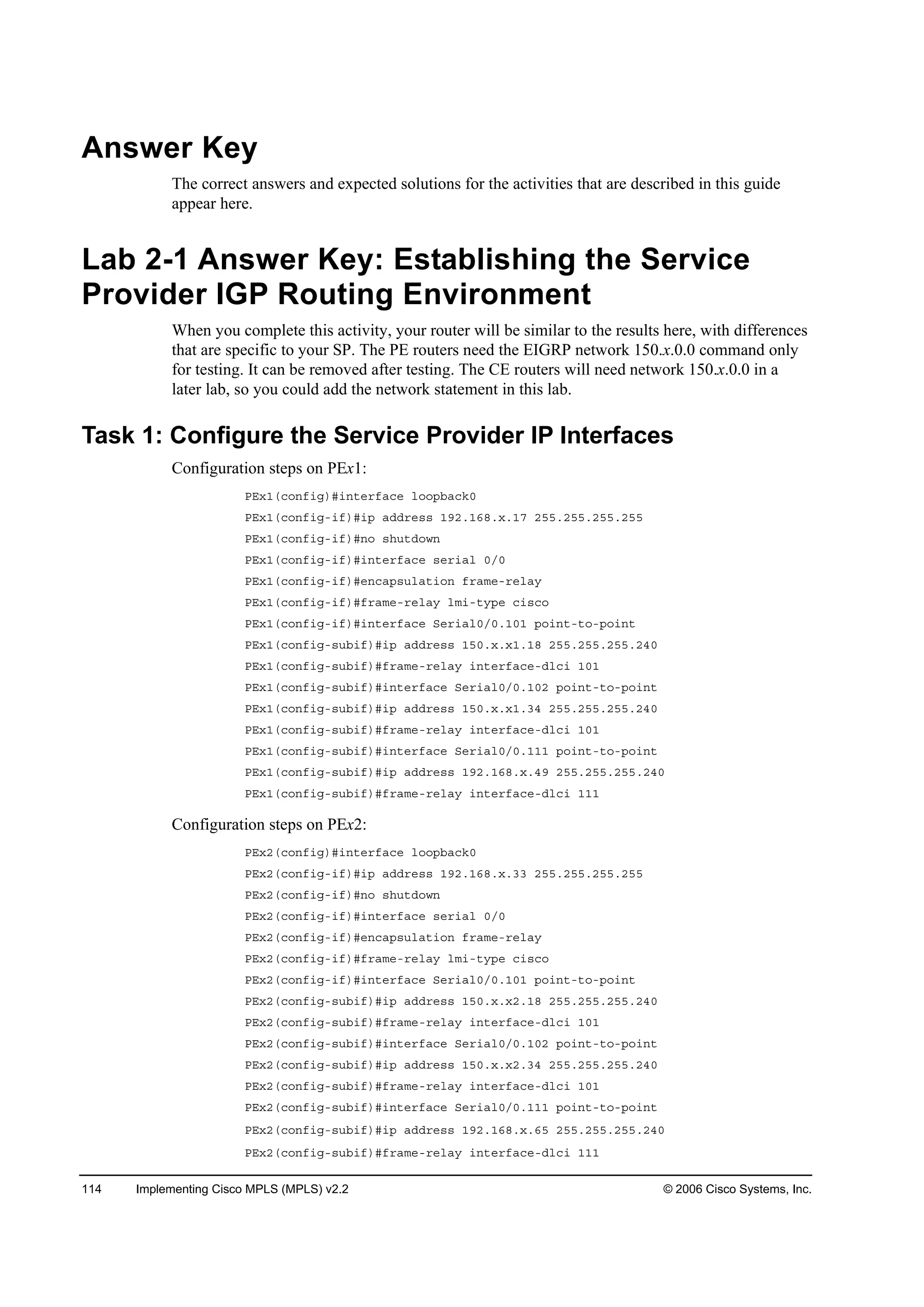 114 Implementing Cisco MPLS (MPLS) v2.2 © 2006 Cisco Systems, Inc.
Answer Key
The correct answers and expected solutions for the activities that are described in this guide
appear here.
Lab 2-1 Answer Key: Establishing the Service
Provider IGP Routing Environment
When you 