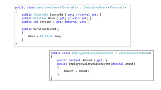 public class EmployeeSalaryRaisedEvent : VersionedEvent<Guid>
{
public decimal Amount { get; }
public EmployeeSalaryRaisedEvent(decimal amout)
{
Amount = amout;
}
}
public class VersionedEvent<TSourceId> : IVersionedEvent<TSourceId>
{
public TSourceId SourceId { get; internal set; }
public DateTime When { get; private set; }
public int Version { get; internal set; }
public VersionedEvent()
{
When = DateTime.Now;
}
}
 