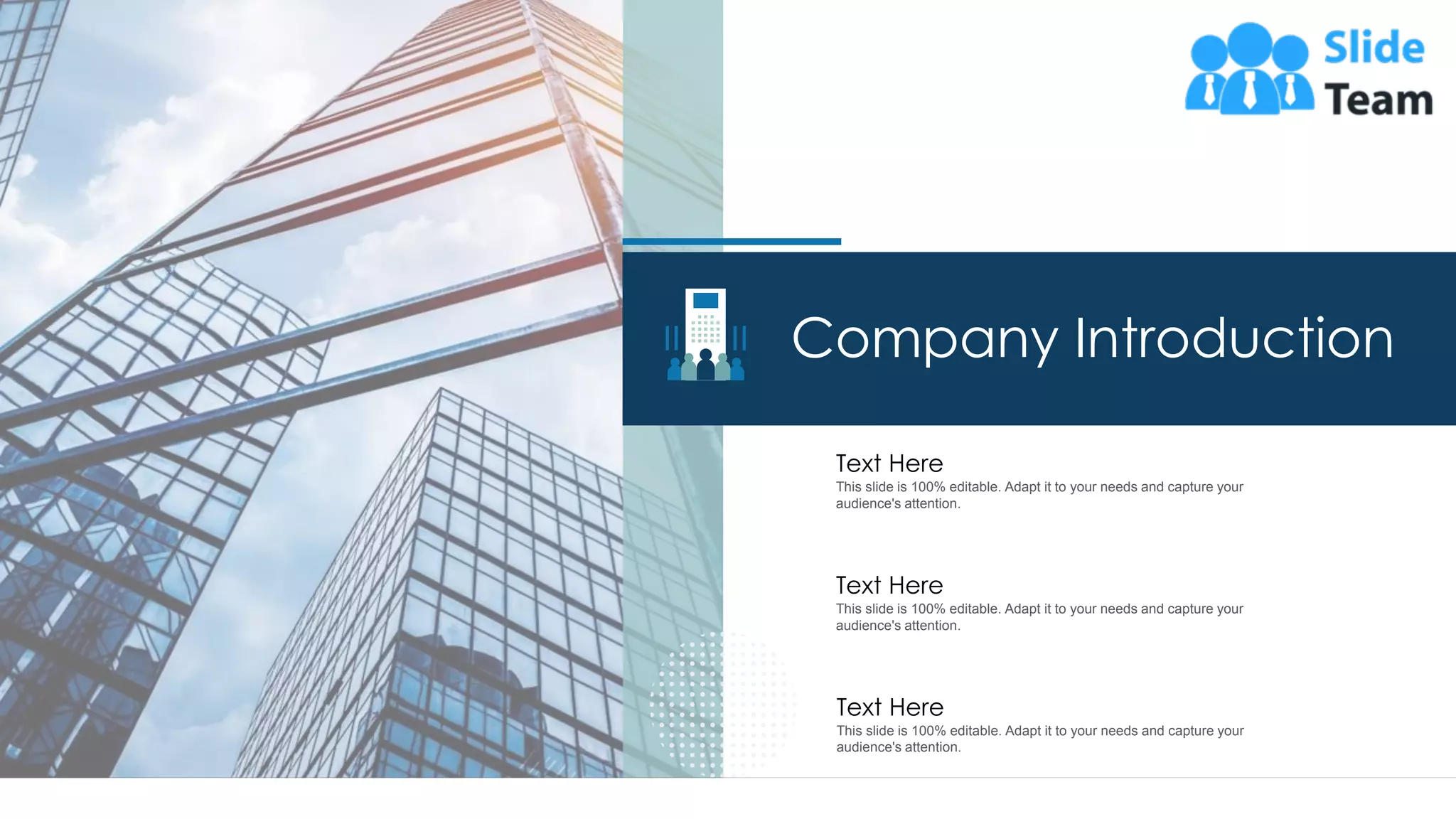 46
Company Introduction
This slide is 100% editable. Adapt it to your needs and capture your
audience's attention.
Text Here
This slide is 100% editable. Adapt it to your needs and capture your
audience's attention.
Text Here
This slide is 100% editable. Adapt it to your needs and capture your
audience's attention.
Text Here
 