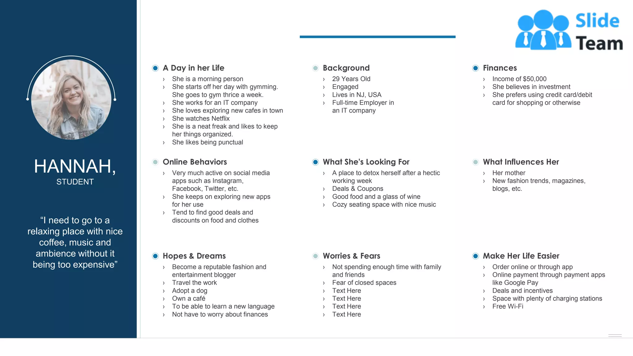 5
“I need to go to a
relaxing place with nice
coffee, music and
ambience without it
being too expensive”
HANNAH,
STUDENT
A Day in her Life
› She is a morning person
› She starts off her day with gymming.
She goes to gym thrice a week.
› She works for an IT company
› She loves exploring new cafes in town
› She watches Netflix
› She is a neat freak and likes to keep
her things organized.
› She likes being punctual
Online Behaviors
› Very much active on social media
apps such as Instagram,
Facebook, Twitter, etc.
› She keeps on exploring new apps
for her use
› Tend to find good deals and
discounts on food and clothes
Hopes & Dreams
› Become a reputable fashion and
entertainment blogger
› Travel the work
› Adopt a dog
› Own a café
› To be able to learn a new language
› Not have to worry about finances
Background
› 29 Years Old
› Engaged
› Lives in NJ, USA
› Full-time Employer in
an IT company
What She's Looking For
› A place to detox herself after a hectic
working week
› Deals & Coupons
› Good food and a glass of wine
› Cozy seating space with nice music
Worries & Fears
› Not spending enough time with family
and friends
› Fear of closed spaces
› Text Here
› Text Here
› Text Here
› Text Here
Finances
› Income of $50,000
› She believes in investment
› She prefers using credit card/debit
card for shopping or otherwise
What Influences Her
› Her mother
› New fashion trends, magazines,
blogs, etc.
Make Her Life Easier
› Order online or through app
› Online payment through payment apps
like Google Pay
› Deals and incentives
› Space with plenty of charging stations
› Free Wi-Fi
This slide is 100% editable. Adapt it to your needs and capture your audience's attention.
 