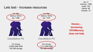 Lets test - Increase resources
1/2 vCores
512M/1GiB RAM
100 GiB storage
init: 69s
latency: 62ms
tps: 1286
CloudNative PG
2/3 vCores
1/1.5 GiB RAM
100 GiB storage
init: 69s
latency: 62ms
tps: 1337
CloudNative PG
Hmmm…
Increasing
CPU/Memory
does not help
cpu: 2
memory: 1GiB
scale: 100
clients: 80
threads: 10
 