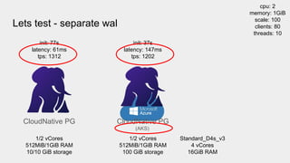 Lets test - separate wal
1/2 vCores
512MiB/1GiB RAM
10/10 GiB storage
init: 77s
latency: 61ms
tps: 1312
CloudNative PG
1/2 vCores
512MiB/1GiB RAM
100 GiB storage
init: 37s
latency: 147ms
tps: 1202
CloudNative PG
(AKS)
cpu: 2
memory: 1GiB
scale: 100
clients: 80
threads: 10
Standard_D4s_v3
4 vCores
16GiB RAM
 