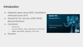 Introduction
● Database space since 2000, CloudNative
enthusiast since 2015
● Worked for DJI, bol.com, EDB, RIVM,
MannemSolutions
● Contributor
○ Since ever
○ pg_hba, Stolon, wal-g, bitbucket-cli, and more
○ pgfga, pgroute66, pgquartz, and more
● Dreamer
 