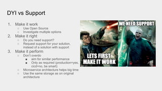 DYI vs Support
1. Make it work
○ Use Open Source
○ Investigate multiple options
2. Make it right
○ Do you need support?
○ Request support for your solution,
instead of a solution with support
3. Make it perform
○ Don’t overdo
■ aim for similar performance
■ Only as required (production=yes,
cicd=no, be smart)
○ Microservice architecture helps big time
○ Use the same storage as on original
architecture
 