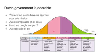 Dutch government is adorable
● You are too late to have us approve
your submission
● Avoid computable at all costs
● Have we bought support?
● Average age of 58
Gov
 
