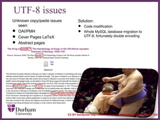 ∂
UTF-8 issues
Unknown copy/paste issues
seen:
 OAI/PMH
 Cover Pages LaTeX
 Abstract pages
Solution:
 Code modificatio...