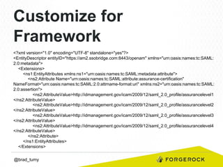 Customize for
Framework
<?xml version="1.0" encoding="UTF-8" standalone="yes"?>
<EntityDescriptor entityID="https://am2.ssobridge.com:8443/openam" xmlns="urn:oasis:names:tc:SAML:
2.0:metadata">
<Extensions>
<ns1:EntityAttributes xmlns:ns1="urn:oasis:names:tc:SAML:metadata:attribute">
<ns2:Attribute Name="urn:oasis:names:tc:SAML:attribute:assurance-certification"
NameFormat="urn:oasis:names:tc:SAML:2.0:attrname-format:uri" xmlns:ns2="urn:oasis:names:tc:SAML:
2.0:assertion">
<ns2:AttributeValue>http://idmanagement.gov/icam/2009/12/saml_2.0_profile/assurancelevel1
</ns2:AttributeValue>
<ns2:AttributeValue>http://idmanagement.gov/icam/2009/12/saml_2.0_profile/assurancelevel2
</ns2:AttributeValue>
<ns2:AttributeValue>http://idmanagement.gov/icam/2009/12/saml_2.0_profile/assurancelevel3
</ns2:AttributeValue>
<ns2:AttributeValue>http://idmanagement.gov/icam/2009/12/saml_2.0_profile/assurancelevel4
</ns2:AttributeValue>
</ns2:Attribute>
</ns1:EntityAttributes>
</Extensions>
@brad_tumy

 