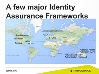 A few major Identity
Assurance Frameworks
Swedish eLegitimation
Pan-Canadian

STORK

InCommon
Kantara

IDAP

NSTIC /
FICAM
Australian Access
Federation (AAF)
National Electronic
Authentication Framework

@brad_tumy

 