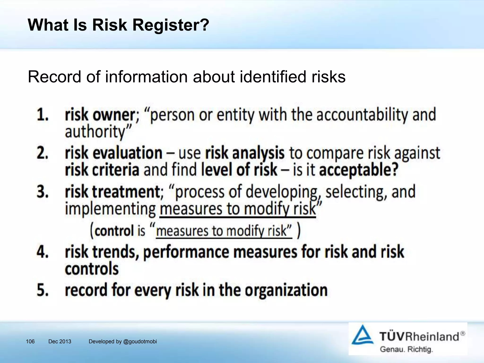 What Is Risk Register?
Record of information about identified risks

106

Dec 2013

Developed by @goudotmobi

 