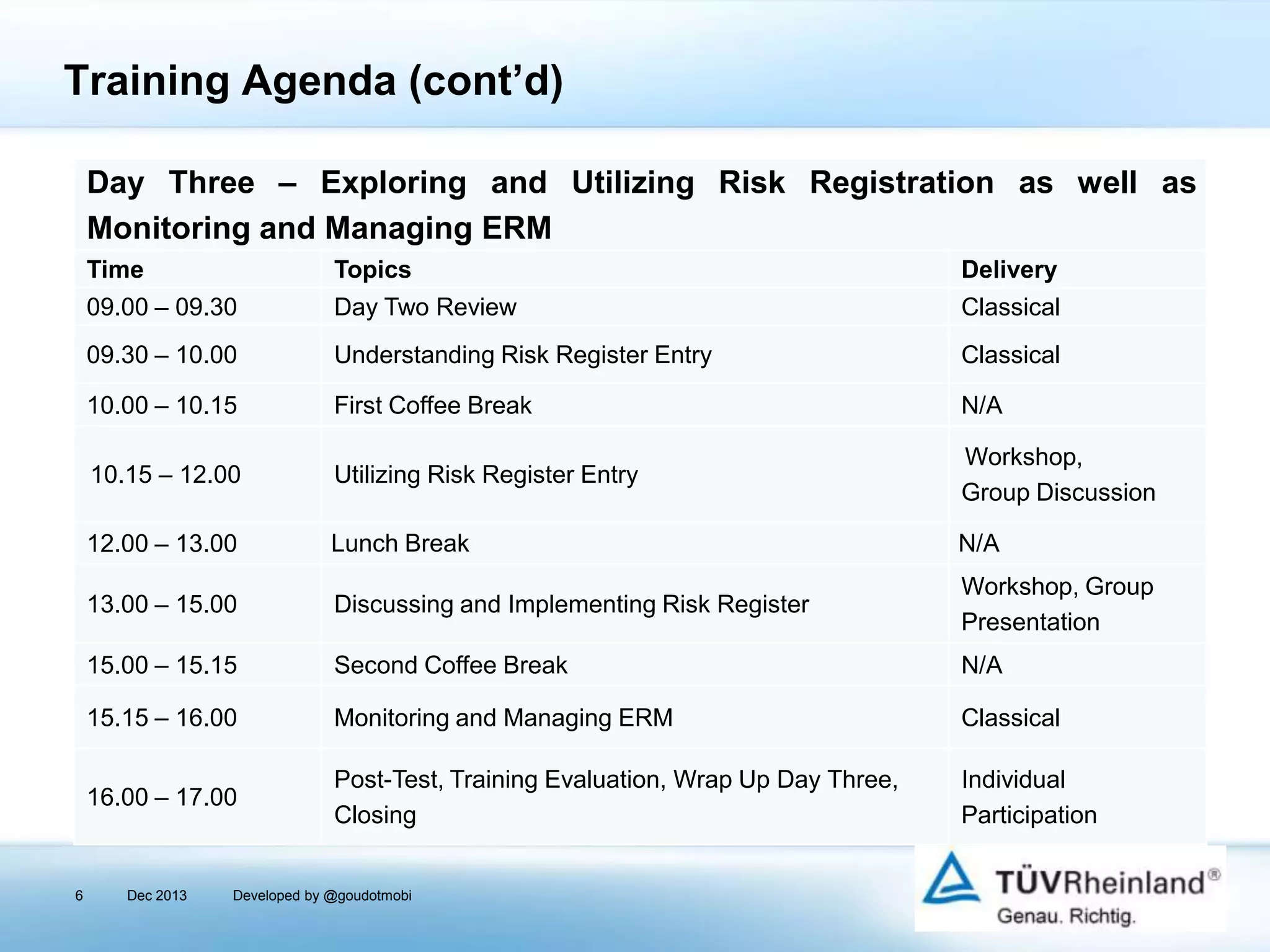 Training Agenda (cont’d)
Day Three – Exploring and Utilizing Risk Registration as well as
Monitoring and Managing ERM
Time

Delivery

09.00 – 09.30

Day Two Review

Classical

09.30 – 10.00

Understanding Risk Register Entry

Classical

10.00 – 10.15

First Coffee Break

N/A

10.15 – 12.00

Utilizing Risk Register Entry

Workshop,
Group Discussion

12.00 – 13.00

Lunch Break

N/A

13.00 – 15.00

Discussing and Implementing Risk Register

Workshop, Group
Presentation

15.00 – 15.15

Second Coffee Break

N/A

15.15 – 16.00

Monitoring and Managing ERM

Classical

16.00 – 17.00

6

Topics

Post-Test, Training Evaluation, Wrap Up Day Three,
Closing

Individual
Participation

Dec 2013

Developed by @goudotmobi

 