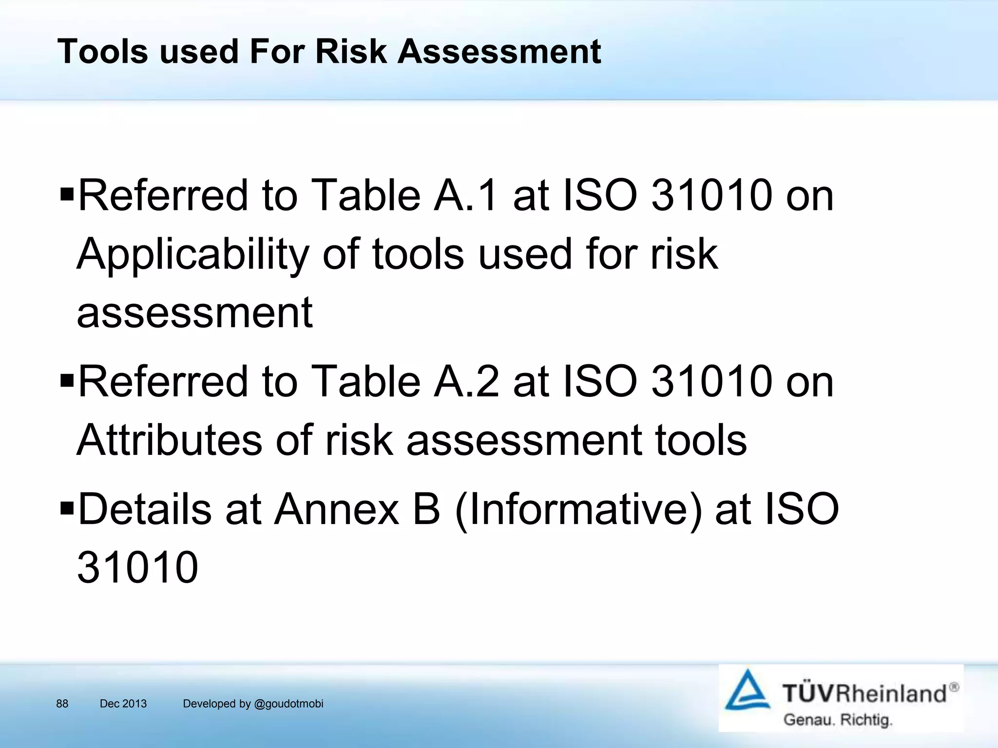 Tools used For Risk Assessment

Referred to Table A.1 at ISO 31010 on
Applicability of tools used for risk
assessment
Referred to Table A.2 at ISO 31010 on
Attributes of risk assessment tools
Details at Annex B (Informative) at ISO
31010
88

Dec 2013

Developed by @goudotmobi

 