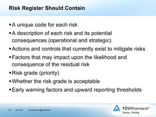 Risk Register Should Contain
A unique code for each risk
A description of each risk and its potential
consequences (operational and strategic)
Actions and controls that currently exist to mitigate risks
Factors that may impact upon the likelihood and
consequence of the residual risk
Risk grade (priority)
Whether the risk grade is acceptable
Early warning factors and upward reporting thresholds

107

Dec 2013

Developed by @goudotmobi

 