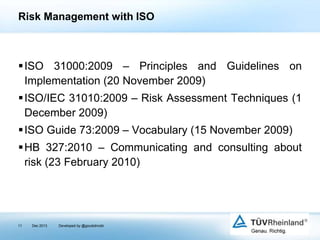 Risk Management with ISO

ISO 31000:2009 – Principles and Guidelines on
Implementation (20 November 2009)
ISO/IEC 31010:2009 – Risk Assessment Techniques (1
December 2009)
ISO Guide 73:2009 – Vocabulary (15 November 2009)
HB 327:2010 – Communicating and consulting about
risk (23 February 2010)

11

Dec 2013

Developed by @goudotmobi

 