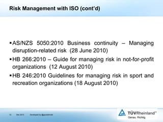 Risk Management with ISO (cont’d)

AS/NZS 5050:2010 Business continuity – Managing
disruption-related risk (28 June 2010)
HB 266:2010 – Guide for managing risk in not-for-profit
organizations (12 August 2010)
HB 246:2010 Guidelines for managing risk in sport and
recreation organizations (18 August 2010)

12

Dec 2013

Developed by @goudotmobi

 