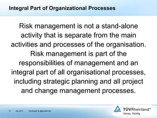 Integral Part of Organizational Processes

Risk management is not a stand-alone
activity that is separate from the main
activities and processes of the organisation.
Risk management is part of the
responsibilities of management and an
integral part of all organisational processes,
including strategic planning and all project
and change management processes.
31

Dec 2013

Developed by @goudotmobi

 