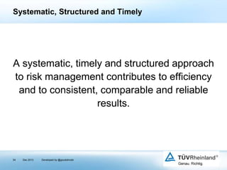 Systematic, Structured and Timely

A systematic, timely and structured approach
to risk management contributes to efficiency
and to consistent, comparable and reliable
results.

34

Dec 2013

Developed by @goudotmobi

 