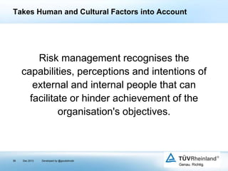 Takes Human and Cultural Factors into Account

Risk management recognises the
capabilities, perceptions and intentions of
external and internal people that can
facilitate or hinder achievement of the
organisation's objectives.

38

Dec 2013

Developed by @goudotmobi

 