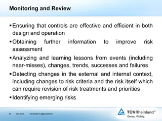 Monitoring and Review
Ensuring that controls are effective and efficient in both
design and operation
Obtaining further
assessment

information

to

improve

risk

Analyzing and learning lessons from events (including
near-misses), changes, trends, successes and failures

Detecting changes in the external and internal context,
including changes to risk criteria and the risk itself which
can require revision of risk treatments and priorities
Identifying emerging risks
64

Dec 2013

Developed by @goudotmobi

 