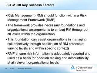 ISO 31000 Key Success Factors

Risk Management (RM) should function within a Risk
Management Framework (RMF)
The framework provides necessary foundations and
organizational arrangements to embed RM throughout
all levels within the organization
This foundation can assist organizations in managing
risk effectively through application of RM process at
varying levels and within specific contexts
RMF ensure risk information is adequately reported and
used as a basis for decision making and accountability
at all relevant organizational levels
66

Dec 2013

Developed by @goudotmobi

 
