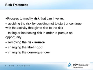 Risk Treatment

Process to modify risk that can involve:

⎯ avoiding the risk by deciding not to start or continue
with the activity that gives rise to the risk
⎯ taking or increasing risk in order to pursue an
opportunity
⎯ removing the risk source
⎯ changing the likelihood
⎯ changing the consequences

81

Dec 2013

Developed by @goudotmobi

 