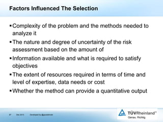 Factors Influenced The Selection
Complexity of the problem and the methods needed to
analyze it
The nature and degree of uncertainty of the risk
assessment based on the amount of
Information available and what is required to satisfy
objectives

The extent of resources required in terms of time and
level of expertise, data needs or cost
Whether the method can provide a quantitative output

87

Dec 2013

Developed by @goudotmobi

 