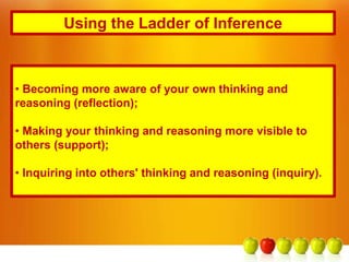 Using the Ladder of Inference
• Becoming more aware of your own thinking and
reasoning (reflection);
• Making your thinking and reasoning more visible to
others (support);
• Inquiring into others' thinking and reasoning (inquiry).
 