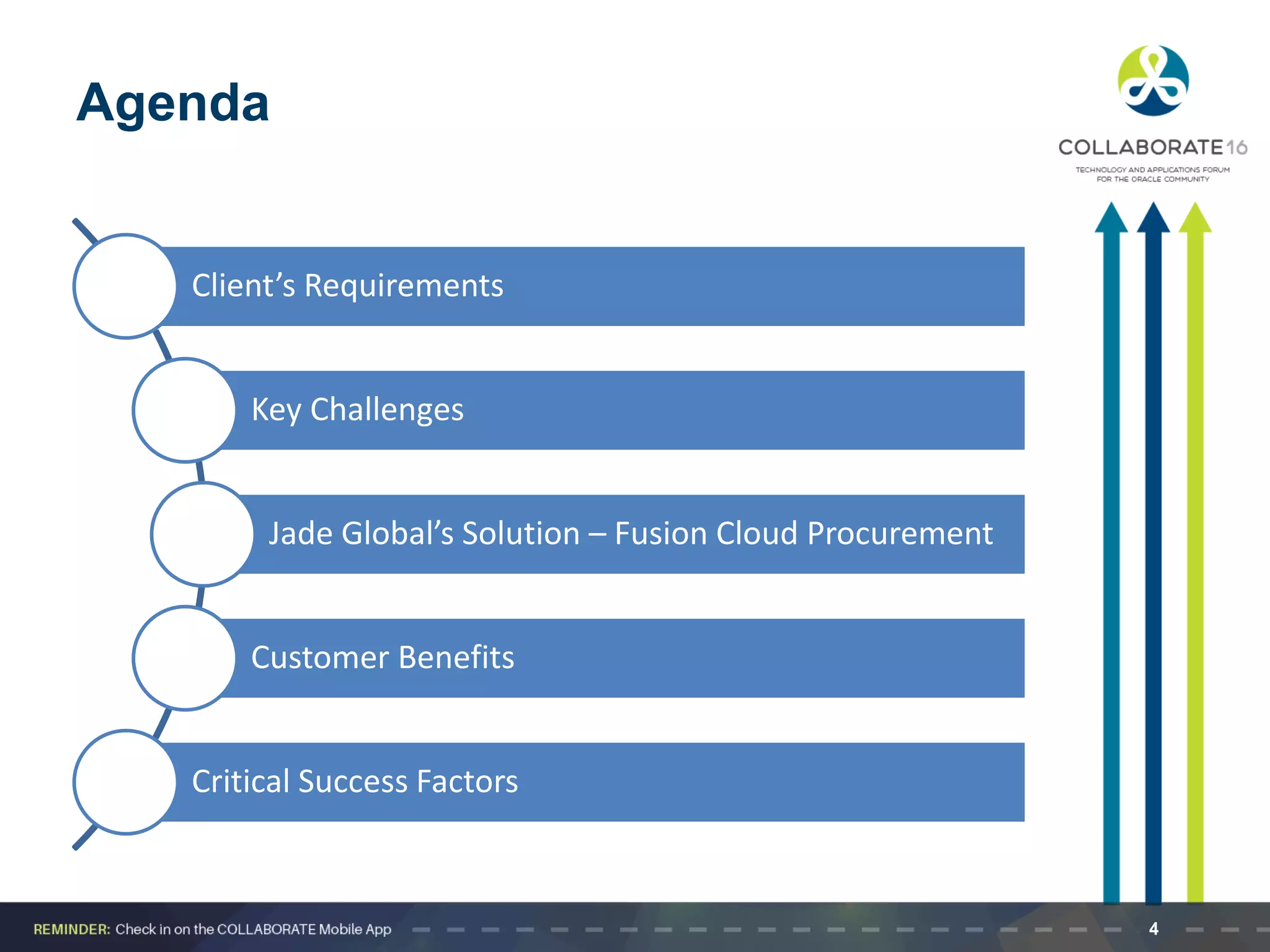 Agenda
Client’s Requirements
Key Challenges
Jade Global’s Solution – Fusion Cloud Procurement
Customer Benefits
Critical Success Factors
4
 