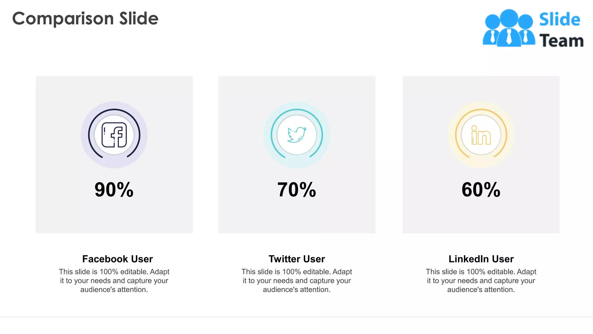 Comparison Slide
26
LinkedIn User
This slide is 100% editable. Adapt
it to your needs and capture your
audience's attention.
Facebook User
This slide is 100% editable. Adapt
it to your needs and capture your
audience's attention.
90%
Twitter User
This slide is 100% editable. Adapt
it to your needs and capture your
audience's attention.
70% 60%
 