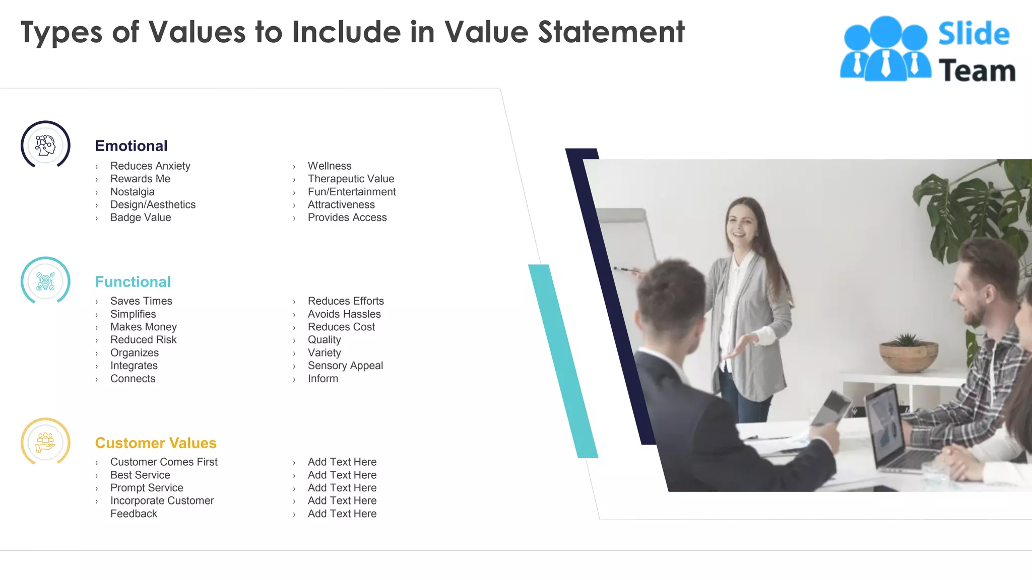 Types of Values to Include in Value Statement
4
› Wellness
› Therapeutic Value
› Fun/Entertainment
› Attractiveness
› Provides Access
Emotional
› Reduces Anxiety
› Rewards Me
› Nostalgia
› Design/Aesthetics
› Badge Value
› Reduces Efforts
› Avoids Hassles
› Reduces Cost
› Quality
› Variety
› Sensory Appeal
› Inform
Functional
› Saves Times
› Simplifies
› Makes Money
› Reduced Risk
› Organizes
› Integrates
› Connects
› Add Text Here
› Add Text Here
› Add Text Here
› Add Text Here
› Add Text Here
Customer Values
› Customer Comes First
› Best Service
› Prompt Service
› Incorporate Customer
Feedback
This slide is 100% editable. Adapt it to your needs and capture your audience's attention.
 