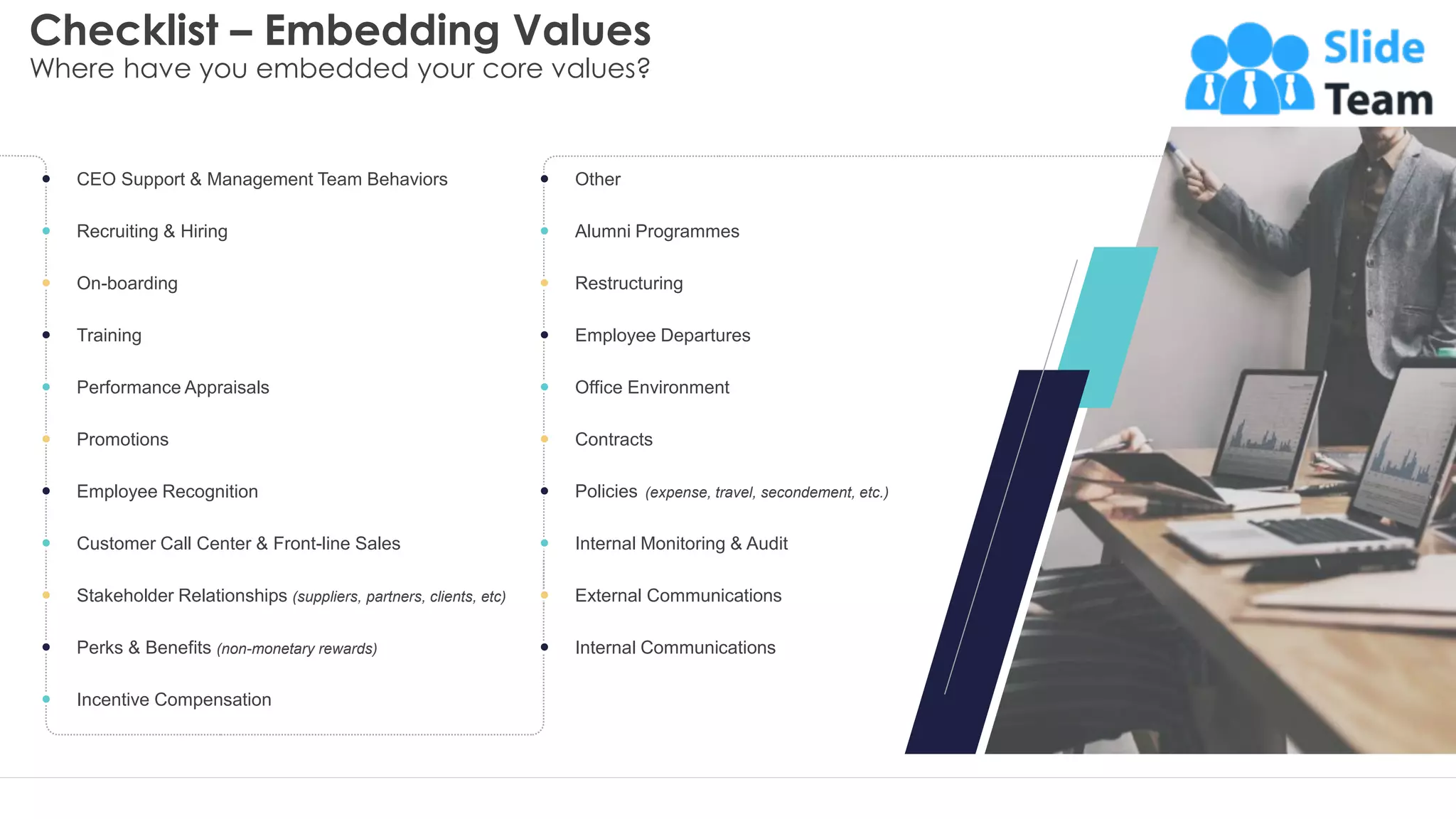 Other
Checklist – Embedding Values
Where have you embedded your core values?
7
Stakeholder Relationships (suppliers, partners, clients, etc)
CEO Support & Management Team Behaviors
Recruiting & Hiring
On-boarding
Training
Performance Appraisals
Promotions
Employee Recognition
Customer Call Center & Front-line Sales
Perks & Benefits (non-monetary rewards)
Incentive Compensation
Alumni Programmes
Restructuring
Employee Departures
Office Environment
Contracts
Policies (expense, travel, secondement, etc.)
Internal Monitoring & Audit
Internal Communications
External Communications
This slide is 100% editable. Adapt it to your needs and capture your audience's attention.
 