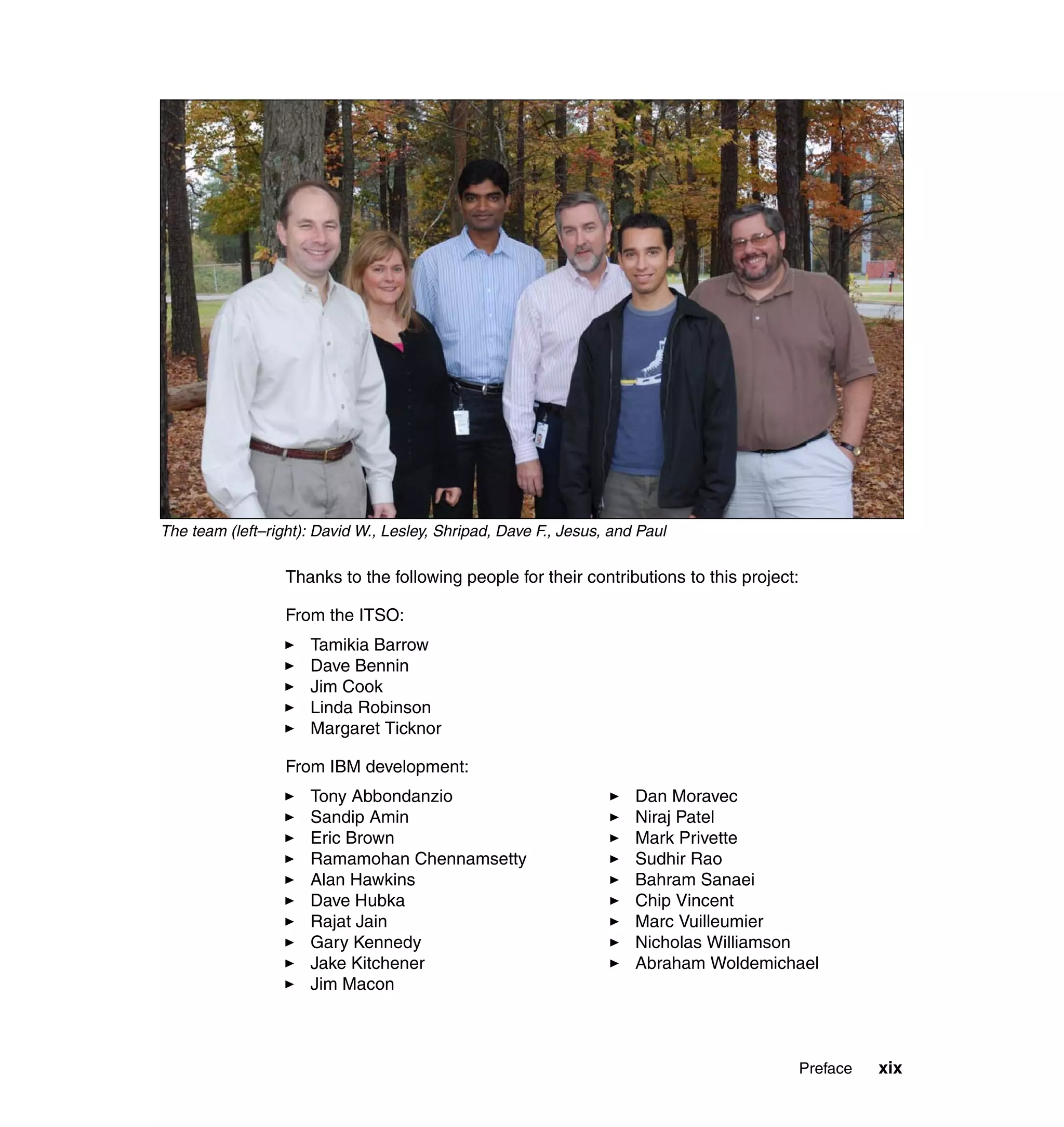 Preface xix
The team (left–right): David W., Lesley, Shripad, Dave F., Jesus, and Paul
Thanks to the following people for their contributions to this project:
From the ITSO:
Tamikia Barrow
Dave Bennin
Jim Cook
Linda Robinson
Margaret Ticknor
From IBM development:
Tony Abbondanzio
Sandip Amin
Eric Brown
Ramamohan Chennamsetty
Alan Hawkins
Dave Hubka
Rajat Jain
Gary Kennedy
Jake Kitchener
Jim Macon
Dan Moravec
Niraj Patel
Mark Privette
Sudhir Rao
Bahram Sanaei
Chip Vincent
Marc Vuilleumier
Nicholas Williamson
Abraham Woldemichael
 