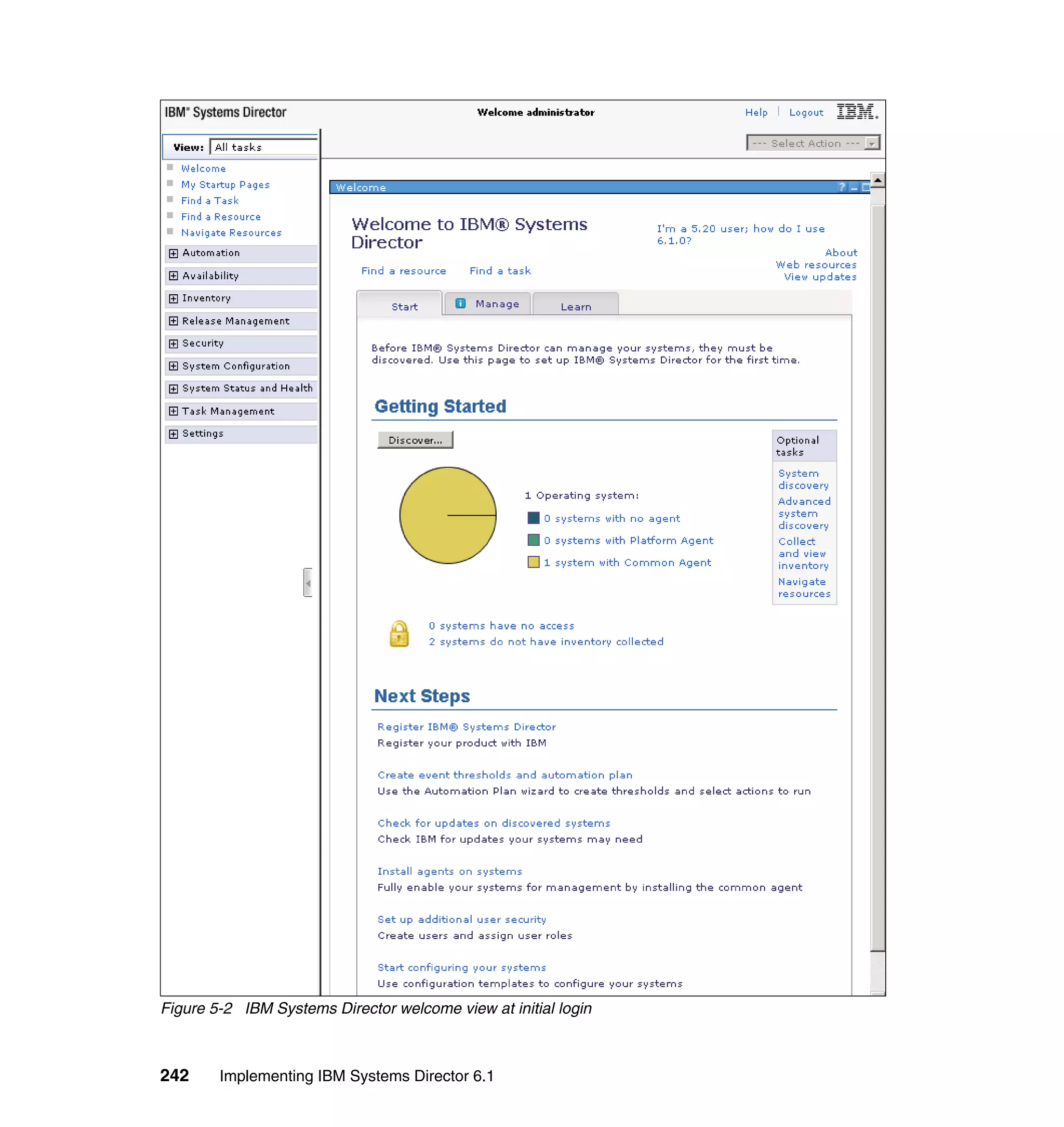 242 Implementing IBM Systems Director 6.1
Figure 5-2 IBM Systems Director welcome view at initial login
 