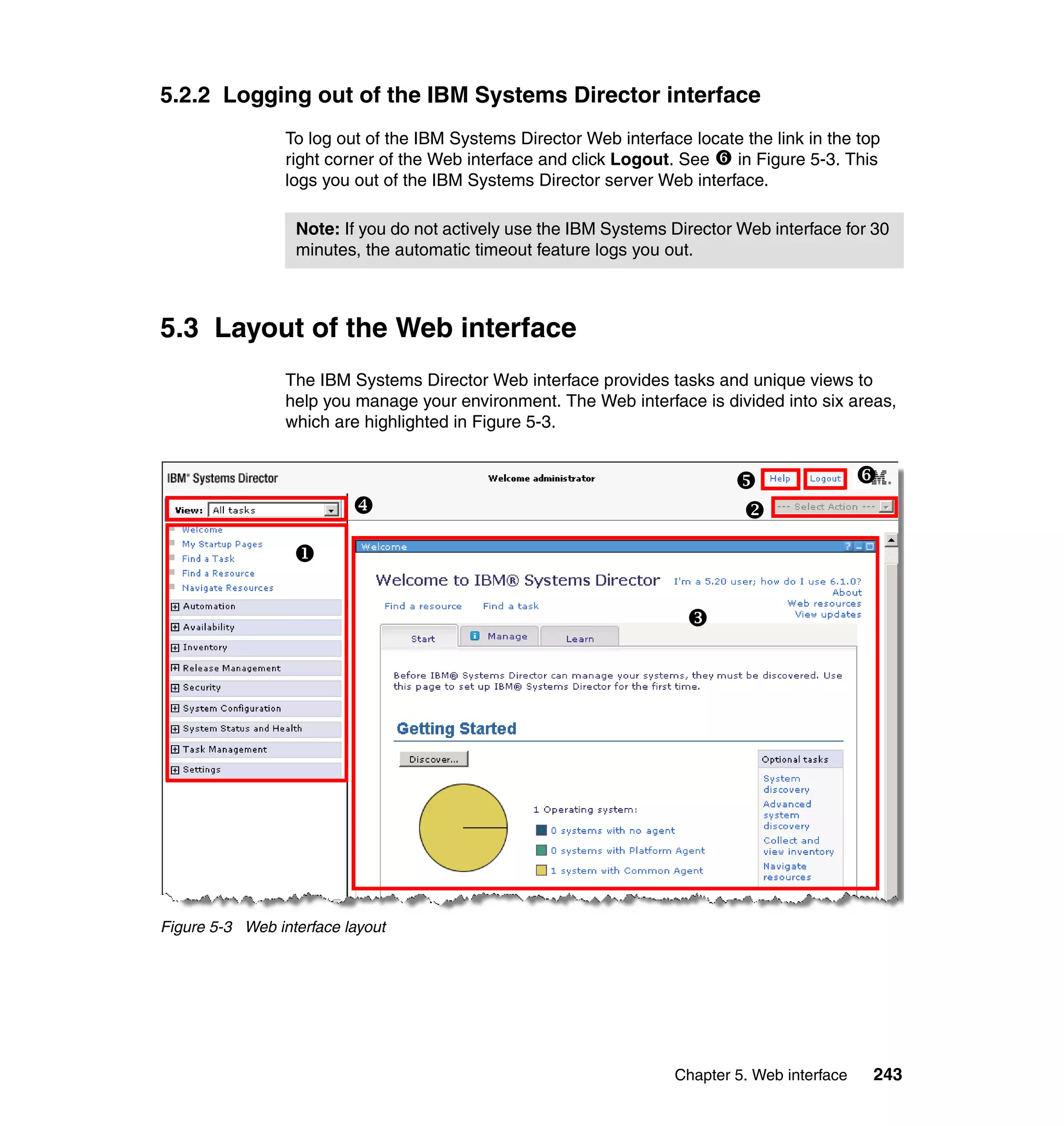 Chapter 5. Web interface 243
5.2.2 Logging out of the IBM Systems Director interface
To log out of the IBM Systems Director Web interface locate the link in the top
right corner of the Web interface and click Logout. See in Figure 5-3. This
logs you out of the IBM Systems Director server Web interface.
5.3 Layout of the Web interface
The IBM Systems Director Web interface provides tasks and unique views to
help you manage your environment. The Web interface is divided into six areas,
which are highlighted in Figure 5-3.
Figure 5-3 Web interface layout
Note: If you do not actively use the IBM Systems Director Web interface for 30
minutes, the automatic timeout feature logs you out.
 