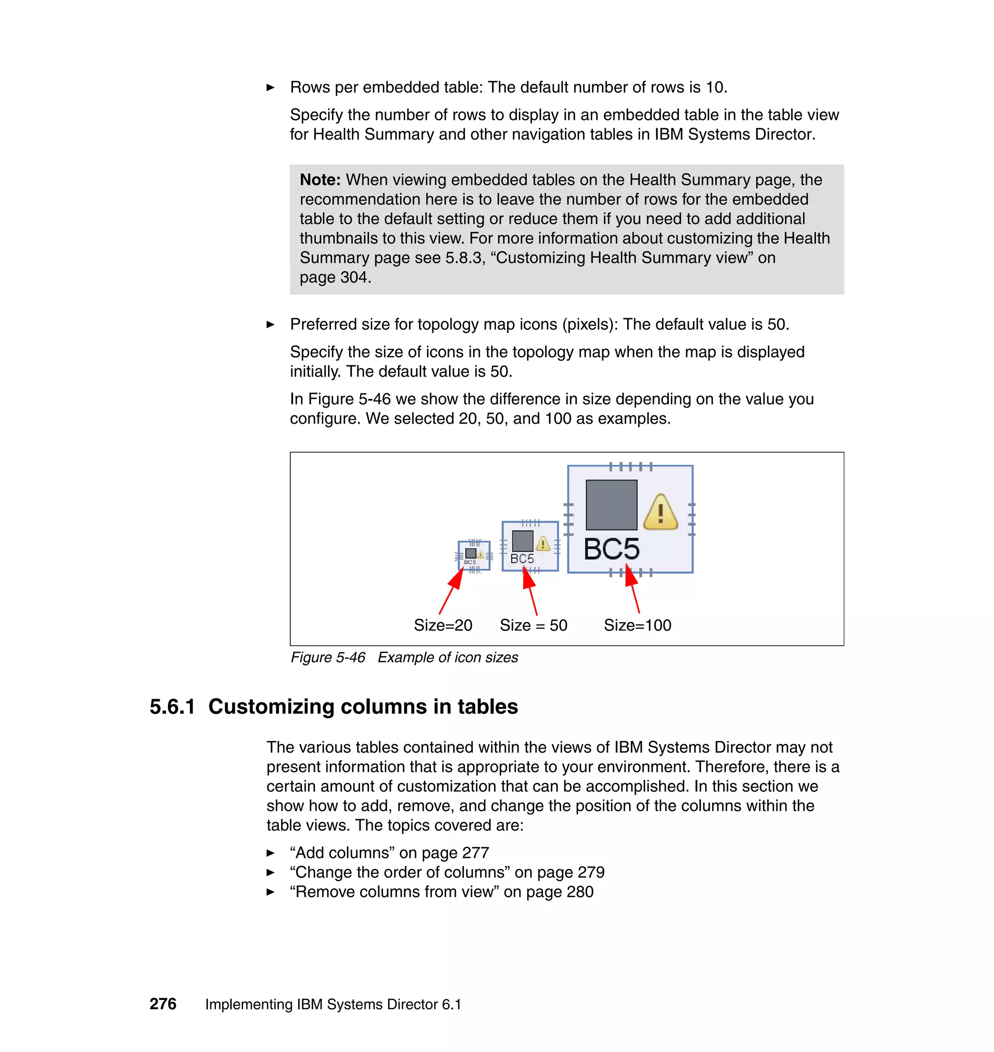 276 Implementing IBM Systems Director 6.1
Rows per embedded table: The default number of rows is 10.
Specify the number of rows to display in an embedded table in the table view
for Health Summary and other navigation tables in IBM Systems Director.
Preferred size for topology map icons (pixels): The default value is 50.
Specify the size of icons in the topology map when the map is displayed
initially. The default value is 50.
In Figure 5-46 we show the difference in size depending on the value you
configure. We selected 20, 50, and 100 as examples.
Figure 5-46 Example of icon sizes
5.6.1 Customizing columns in tables
The various tables contained within the views of IBM Systems Director may not
present information that is appropriate to your environment. Therefore, there is a
certain amount of customization that can be accomplished. In this section we
show how to add, remove, and change the position of the columns within the
table views. The topics covered are:
“Add columns” on page 277
“Change the order of columns” on page 279
“Remove columns from view” on page 280
Note: When viewing embedded tables on the Health Summary page, the
recommendation here is to leave the number of rows for the embedded
table to the default setting or reduce them if you need to add additional
thumbnails to this view. For more information about customizing the Health
Summary page see 5.8.3, “Customizing Health Summary view” on
page 304.
Size=20 Size = 50 Size=100
 
