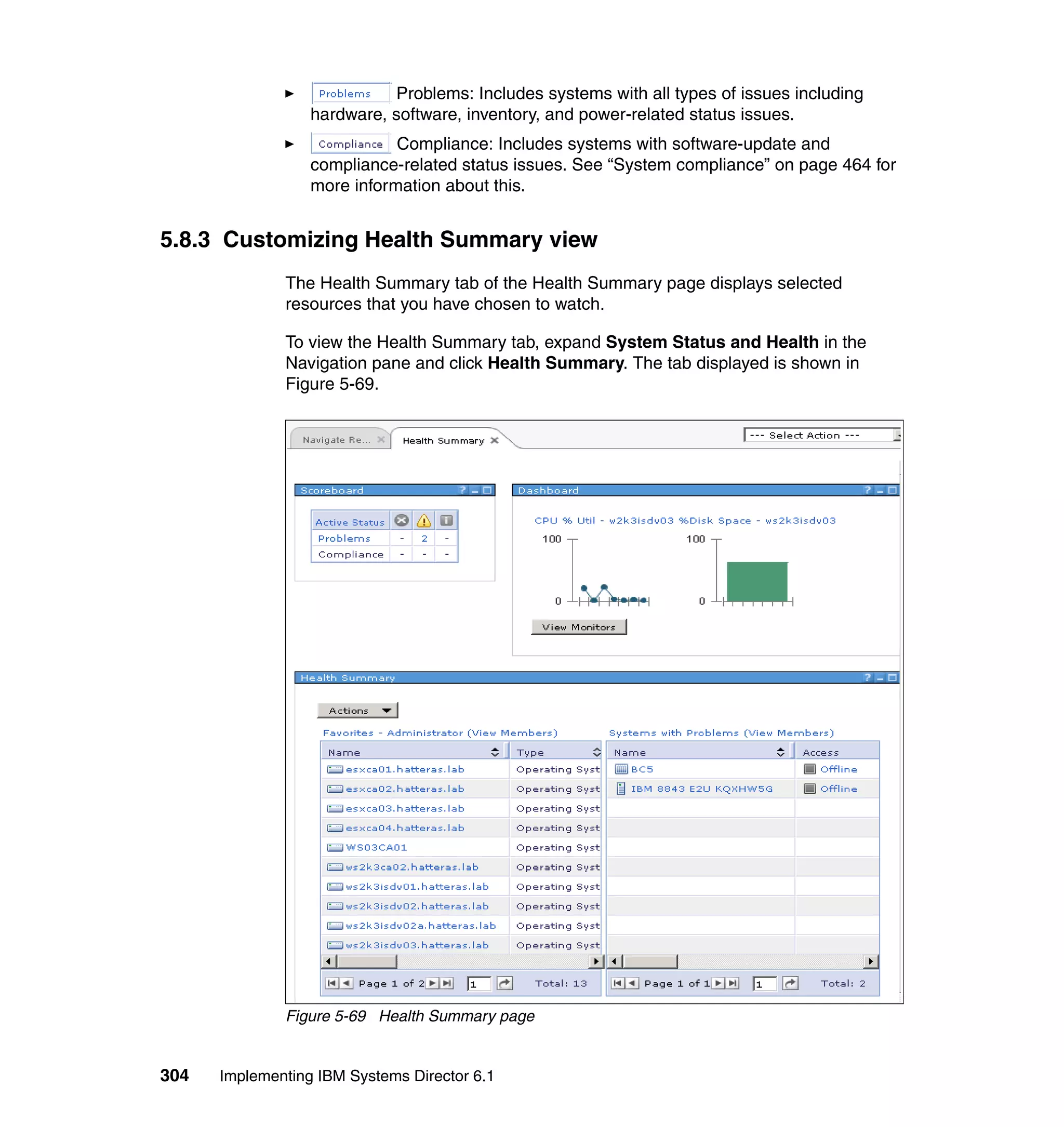 304 Implementing IBM Systems Director 6.1
Problems: Includes systems with all types of issues including
hardware, software, inventory, and power-related status issues.
Compliance: Includes systems with software-update and
compliance-related status issues. See “System compliance” on page 464 for
more information about this.
5.8.3 Customizing Health Summary view
The Health Summary tab of the Health Summary page displays selected
resources that you have chosen to watch.
To view the Health Summary tab, expand System Status and Health in the
Navigation pane and click Health Summary. The tab displayed is shown in
Figure 5-69.
Figure 5-69 Health Summary page
 