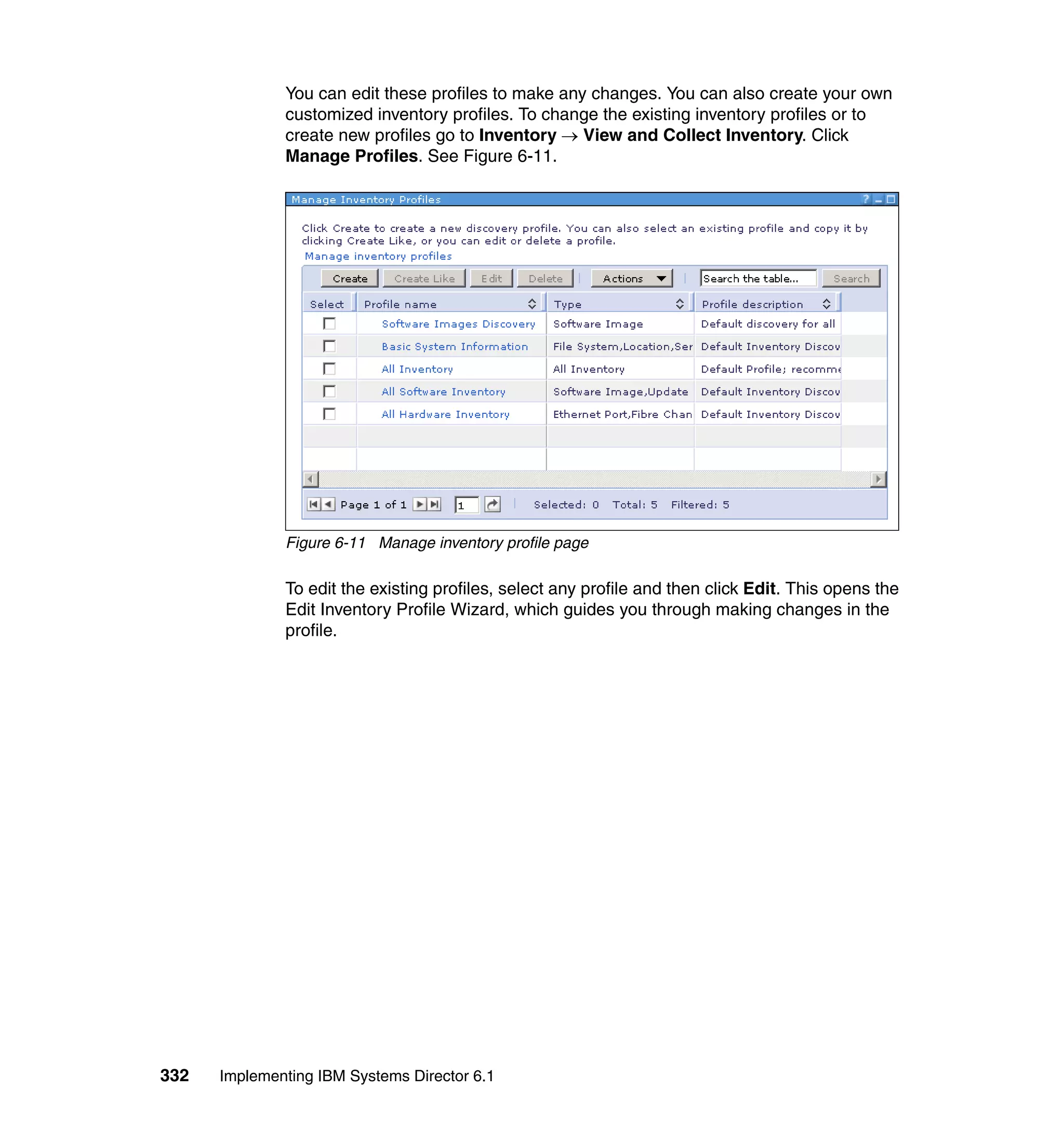 332 Implementing IBM Systems Director 6.1
You can edit these profiles to make any changes. You can also create your own
customized inventory profiles. To change the existing inventory profiles or to
create new profiles go to Inventory → View and Collect Inventory. Click
Manage Profiles. See Figure 6-11.
Figure 6-11 Manage inventory profile page
To edit the existing profiles, select any profile and then click Edit. This opens the
Edit Inventory Profile Wizard, which guides you through making changes in the
profile.
 
