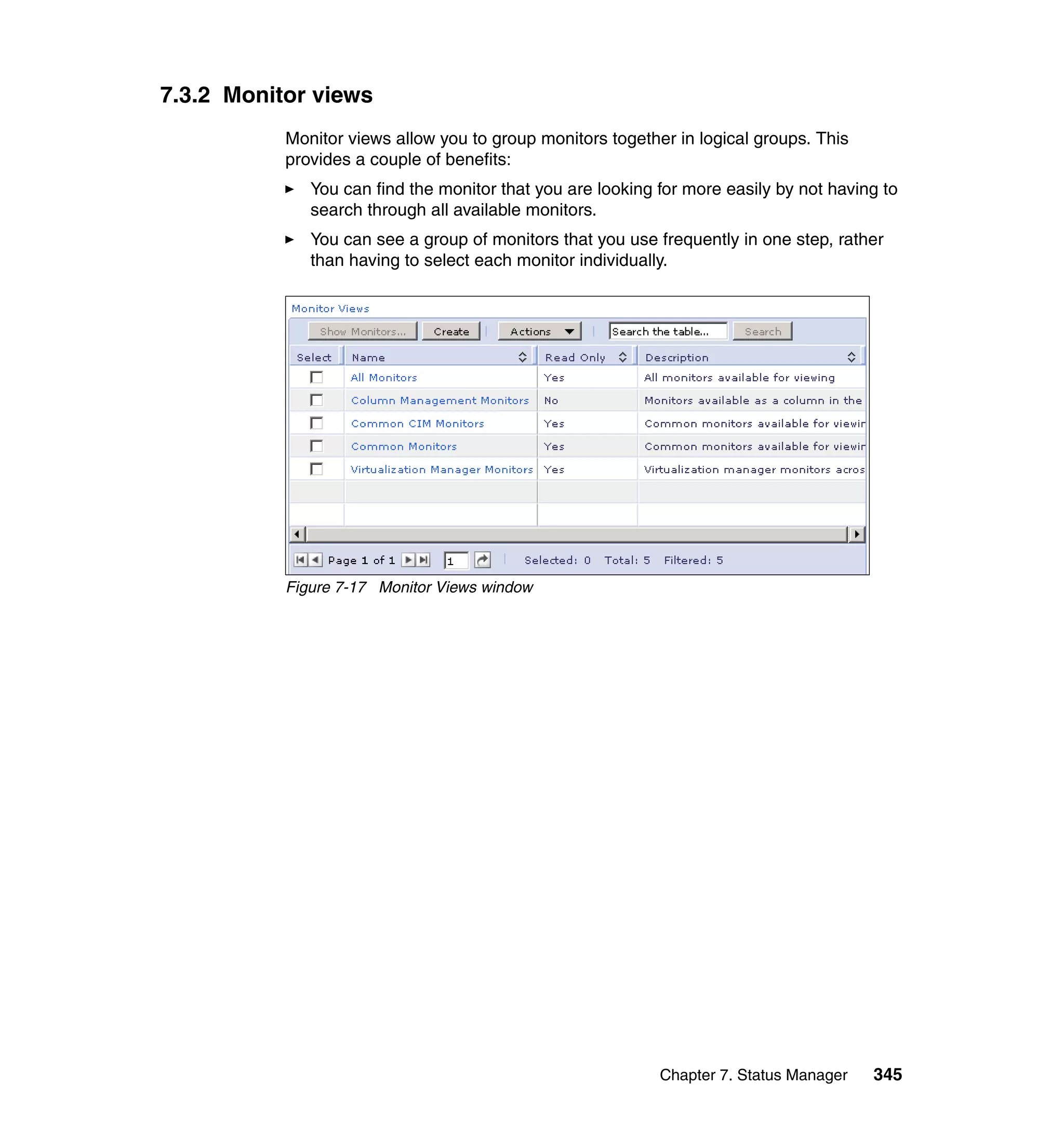 Chapter 7. Status Manager 345
7.3.2 Monitor views
Monitor views allow you to group monitors together in logical groups. This
provides a couple of benefits:
You can find the monitor that you are looking for more easily by not having to
search through all available monitors.
You can see a group of monitors that you use frequently in one step, rather
than having to select each monitor individually.
Figure 7-17 Monitor Views window
 