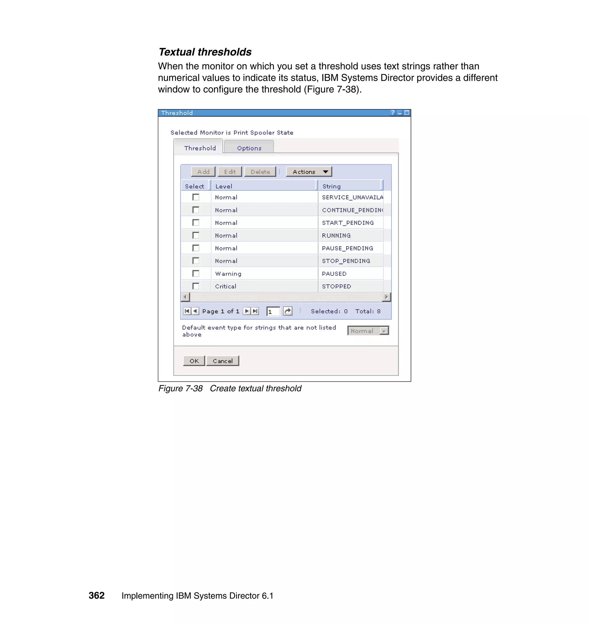 362 Implementing IBM Systems Director 6.1
Textual thresholds
When the monitor on which you set a threshold uses text strings rather than
numerical values to indicate its status, IBM Systems Director provides a different
window to configure the threshold (Figure 7-38).
Figure 7-38 Create textual threshold
 